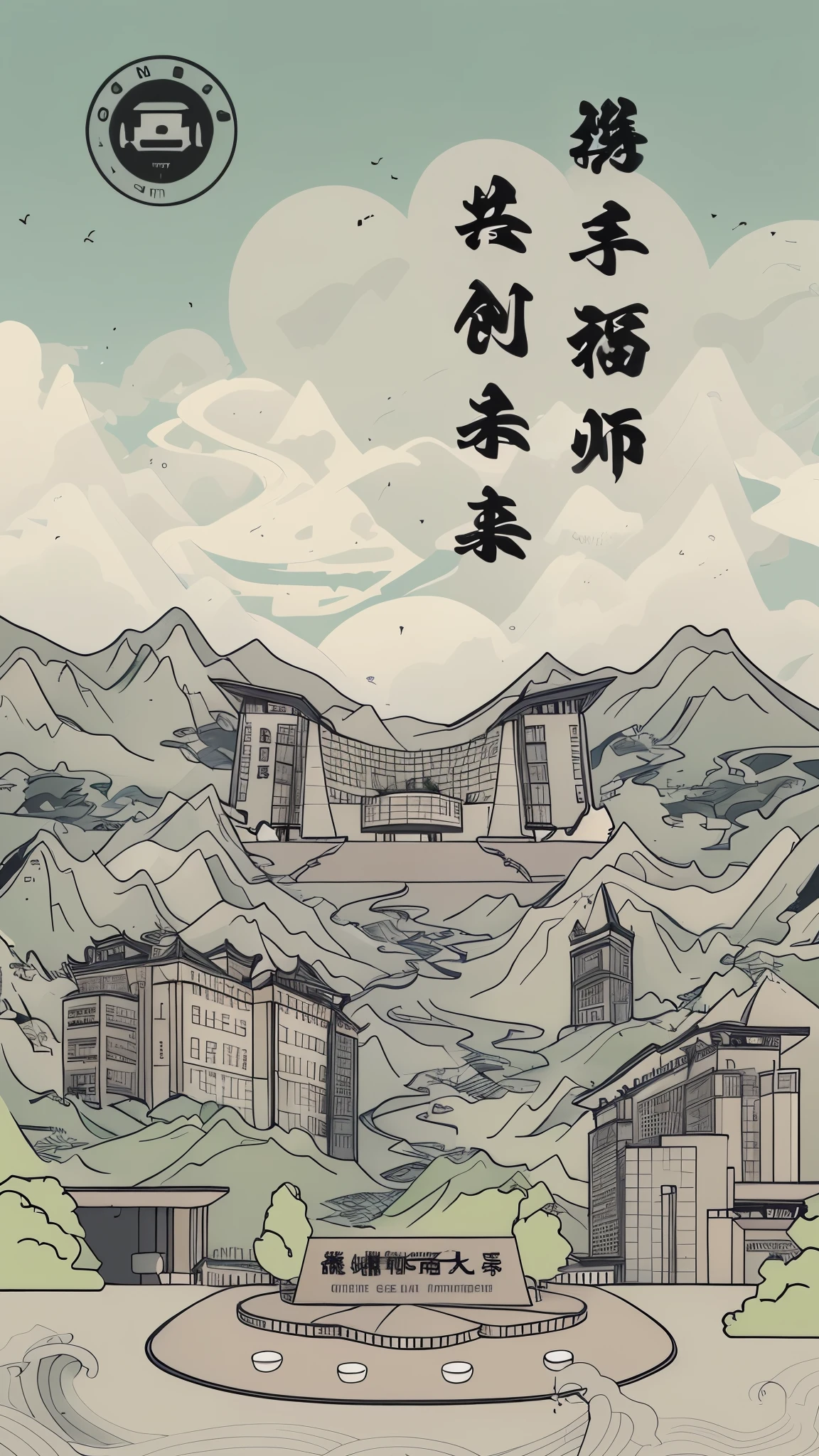 A building with green mountains and mist as the background, drawn by Alafed, Chinese brush illustration, Line art illustration, Animation city line drawing, Very detailed lines, National trend and other styles, Full page illustration