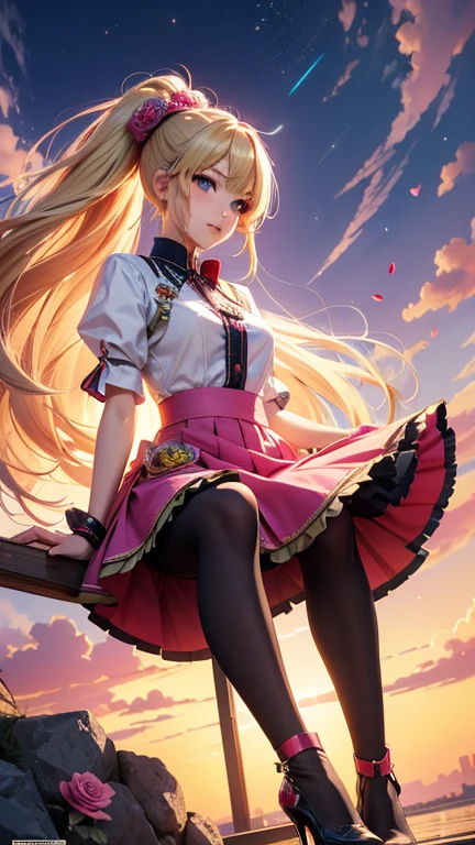 nsfw, 8k, Delicate image quality, best quality, (((blond twintails))), (((Red Magical Girl Costumes))), panty hose, 16 year old Beautiful girl, masterpiece, best quality, ultra detailed, Photo taken from below, outdoors, After rain, rainbow, leg spread,