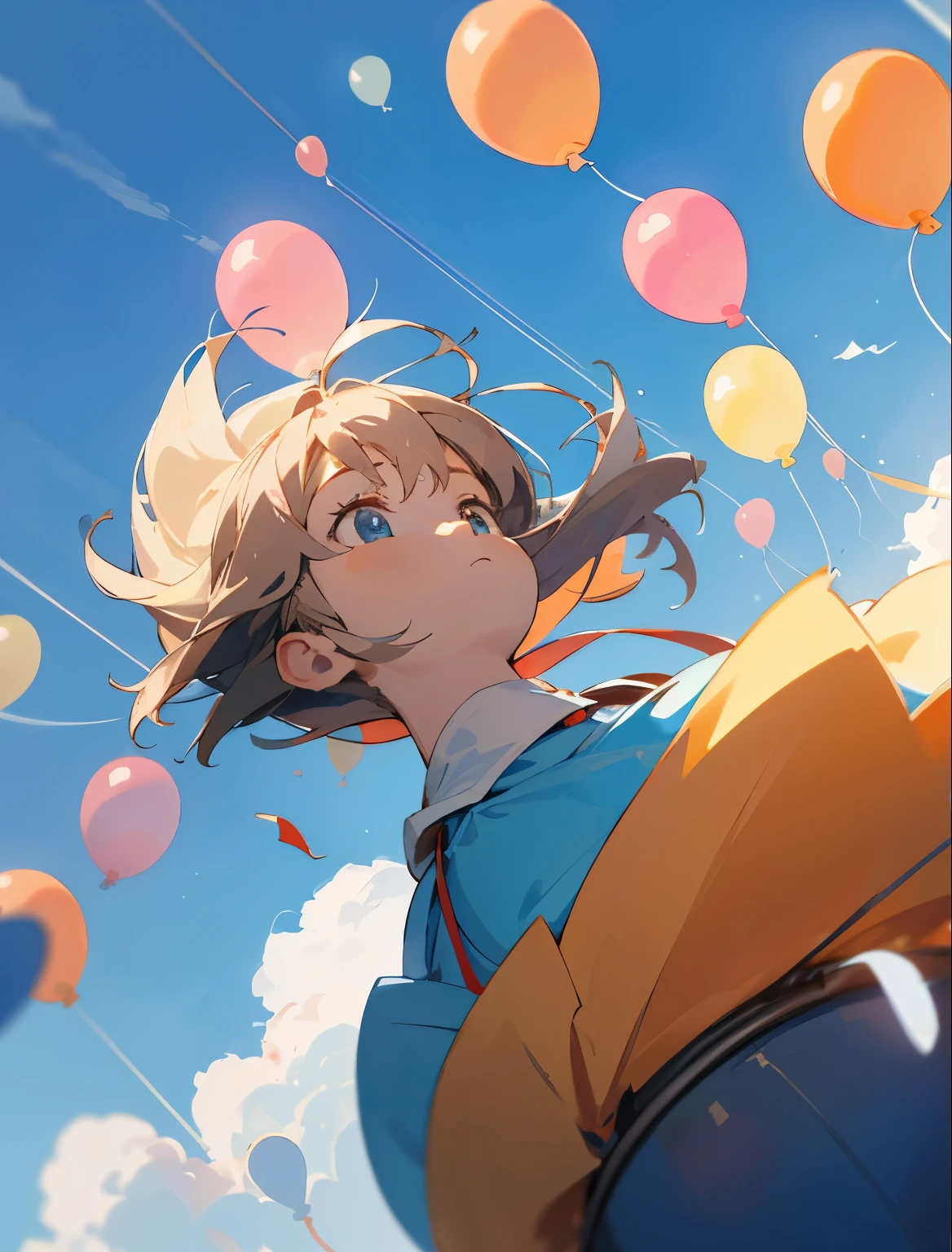 Only background no person, Better light and shadow, Only Background - Outdoor Birthday, Bigger ratio of Sky, better sky, wide sky, Detailed sunlight, anime style, dutch angle, flying balloons from below, summer blue sky, some balloons closer to camera, no human, noon, summer blue sky