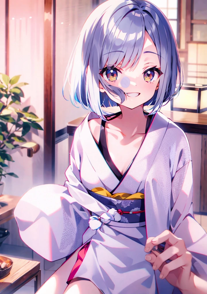 japanese bob cut silver hair smile