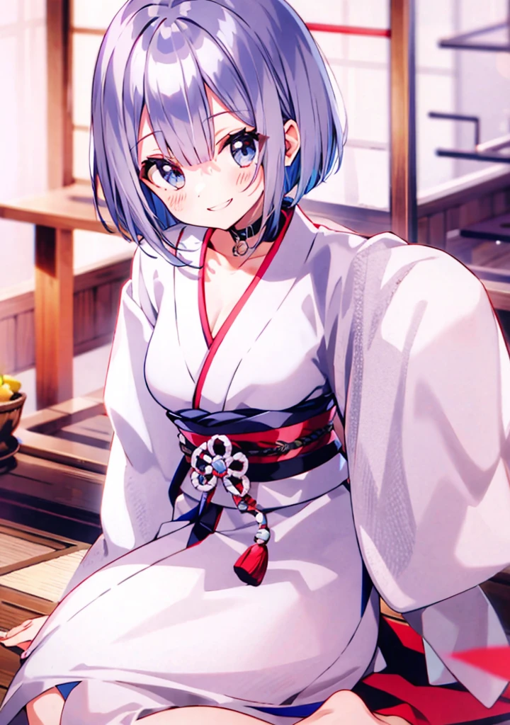 japanese　　　bob cut　silver hair　smile