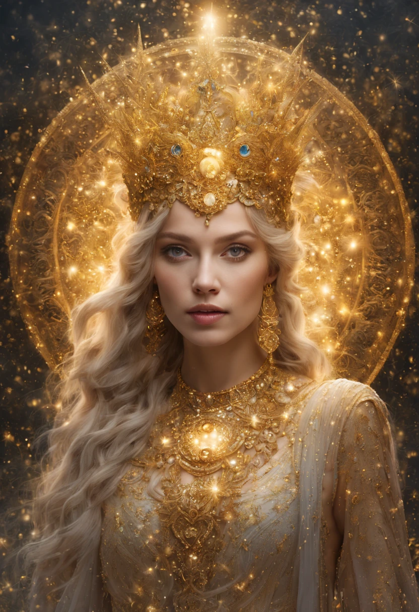 "An ethereal goddess surrounded by a shimmering aura of golden glitter, her radiant beauty captivating every eye, as she stands confidently in the center of attention, her body adorned with intricate patterns made of glimmering particles, evoking a sense of awe and wonder, like a celestial being from another realm"