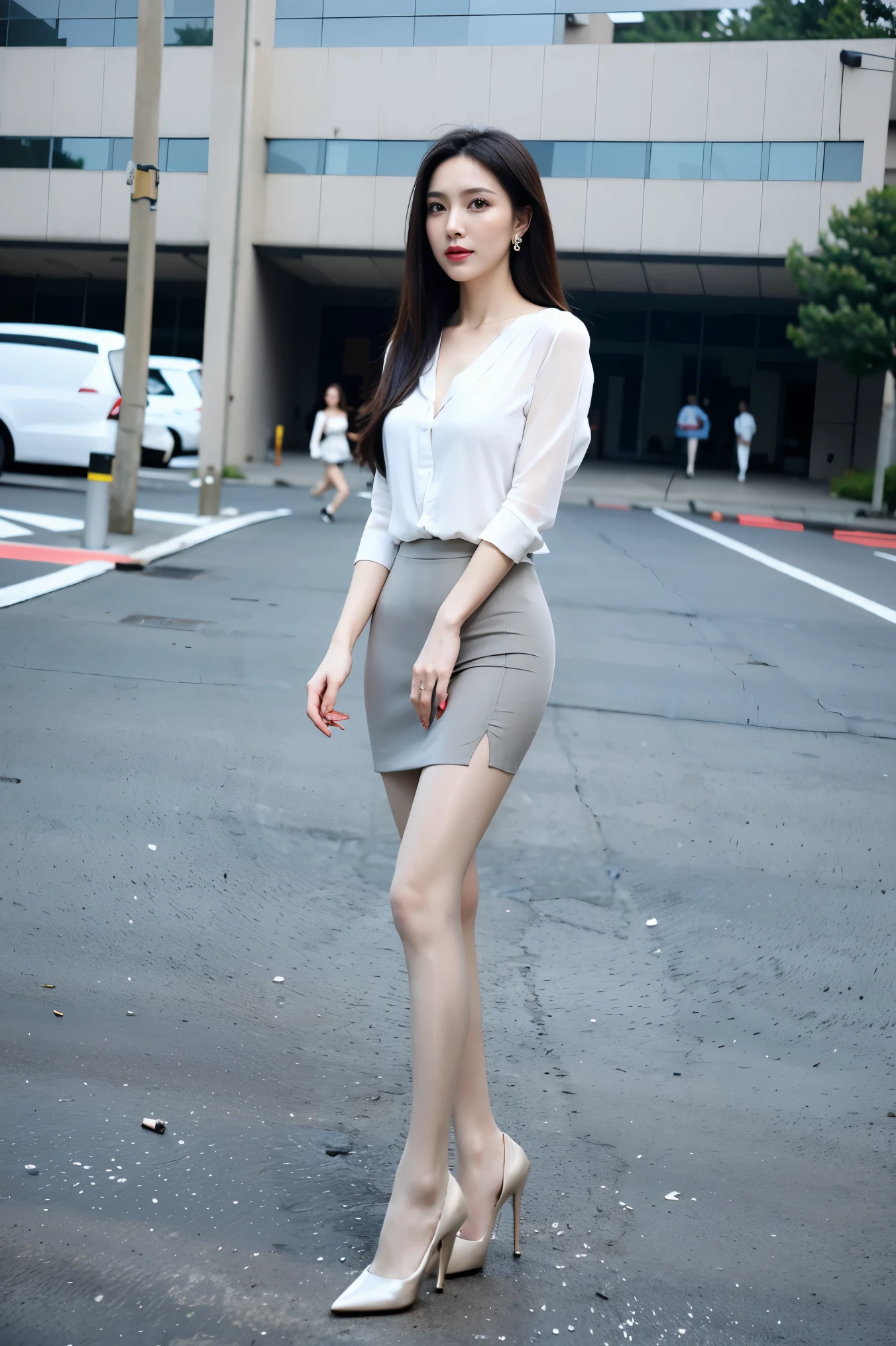 Ultra HD resolution，top quality，pretty girl，earrings，clear eyes，Without makeup，lip gloss，is a perfect face，White skin，perfect ，Slender legs，transparent clothes，black pantyhose，Gray office miniskirt，High heel，street
