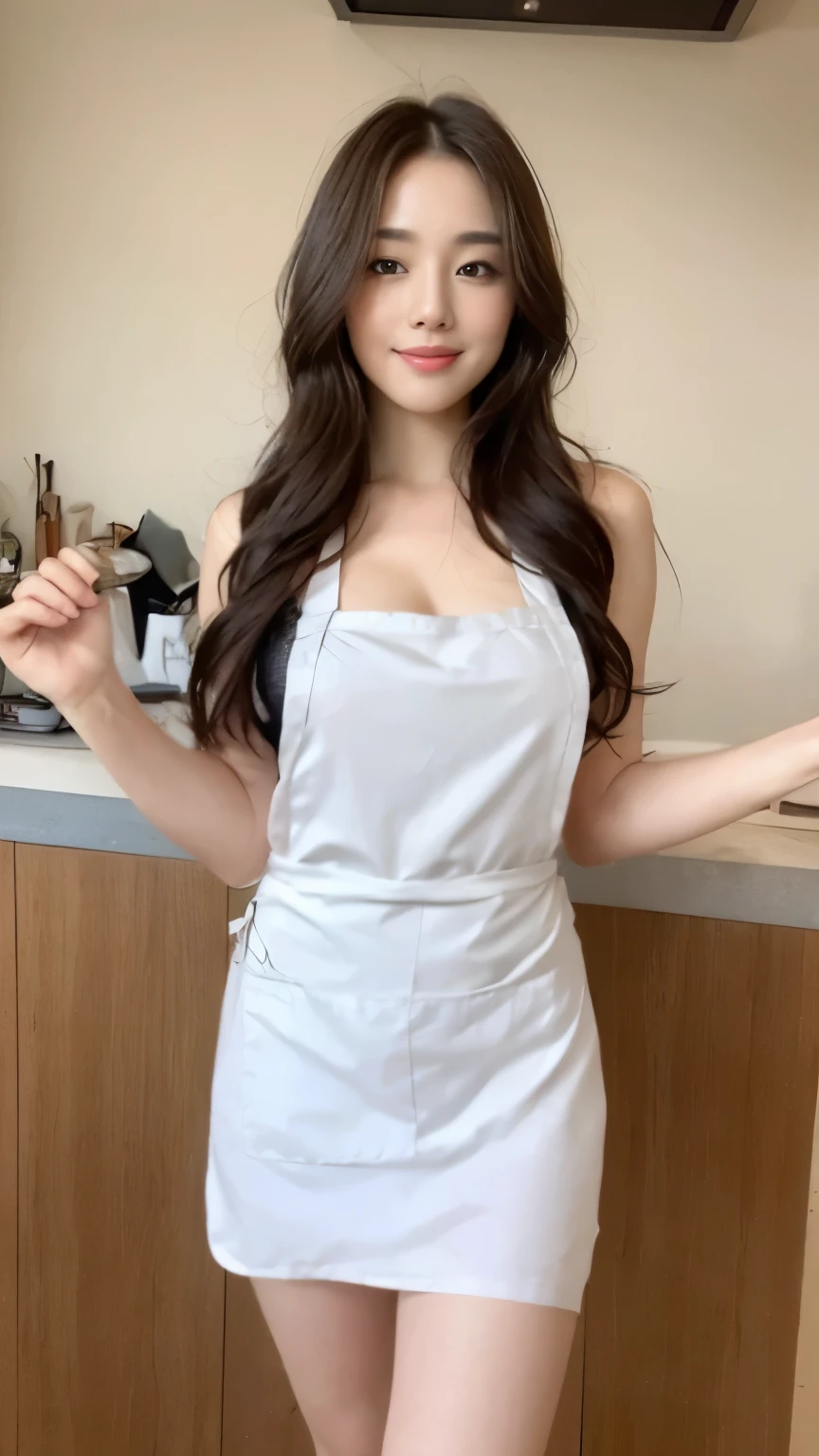 ((top-quality、8k、masterpiece:1.3))、Beautiful woman with perfect body:1.4、slim abdomen:1.2、Longhair, normal breast, Highly detailed facial and skin texture, A detailed eye, (smile), (full body shot), ((kitchen)), (standing), (((wearing apron), looking in front