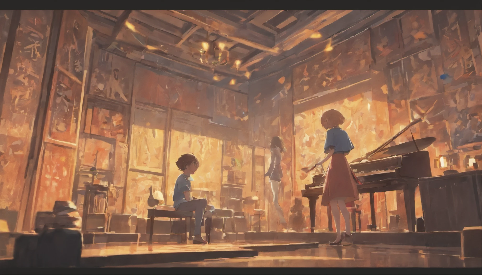 a women with short hair and a boy in a minimalist room playing music ( anime, 8k, high quality)