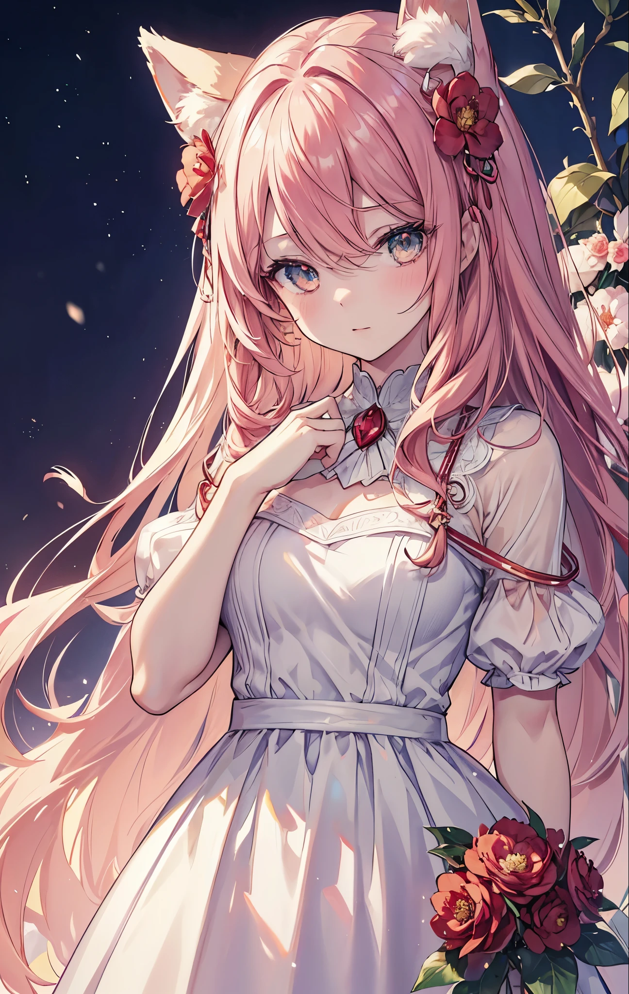 {{masterpiece}},best quality,Highly detailed CG Unity 8K wallpaper,One woman,movie lighting,lens flare glow,
perfect style, perfect body, clear beautiful eyes, long eyelashes, a lot of,Camellia, fox ears, Camellia hair ornament, (red camellia dress), red camellia dress, snow scene,
