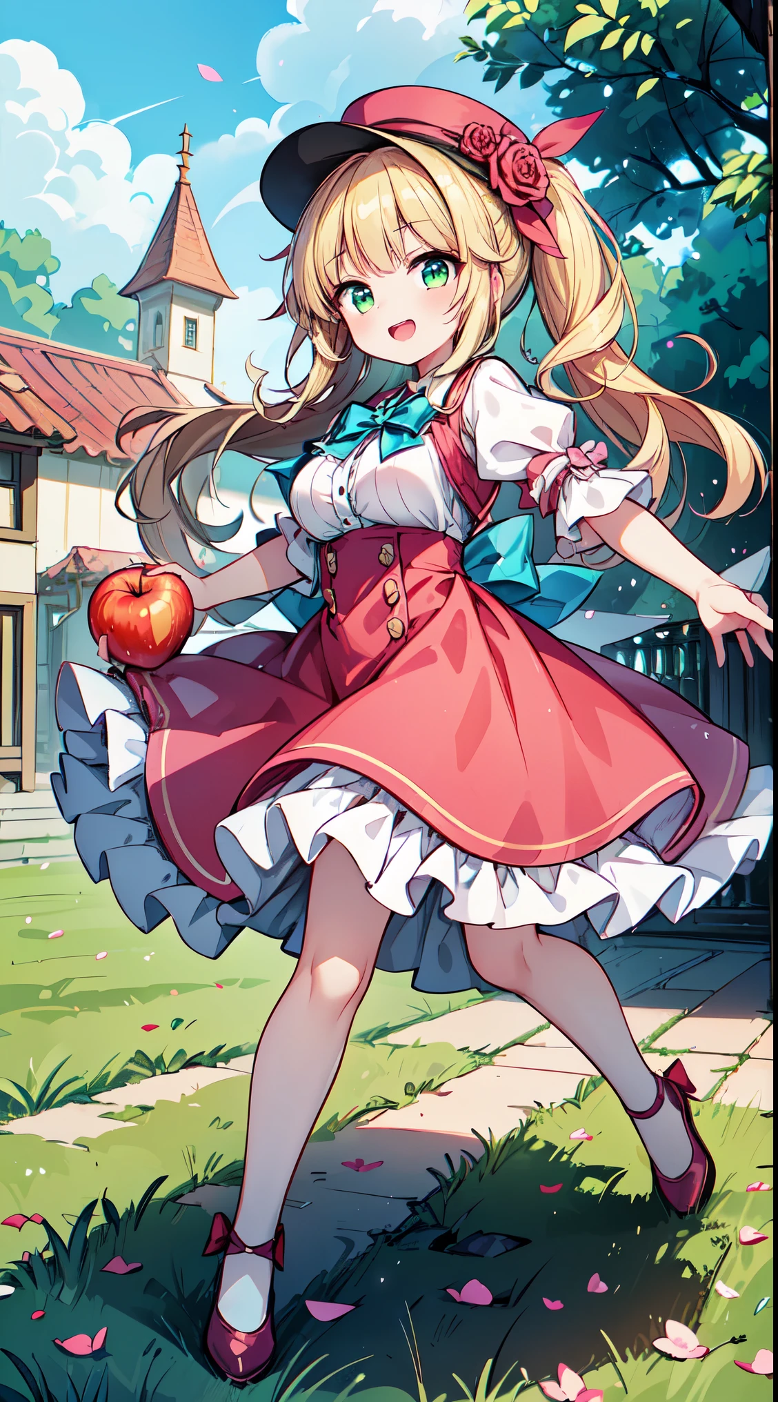 (super fine illustration:1.2),(masterpiece, 8k), (best quality, high quality:1.4), perfect anatomy, hyper detailed, ultra detailed,masterpiece background,beautiful detailed background, v8k wallpaper,perfect design,award-winning art,atmospheric,
BREAK, 1 beautiful girl, girl, (cute:1.5),(Little:0.5),(cute:2.0),(change:2.0),(12 year old girl),(big breasts:1.65),(chin hair,blonde,blue bow,green eyes,Eyebrows visible through the hair,side lock,long hair with bangs parted, hair flower, hair ornaments, big ribbon in hair, curly hair, ponytail:1.6),:he, white feathers, one thin white wing, Ang he wings, spread your wings, shining wings),pit \black},glowing skin, beautiful skin, Shining beautiful skin, open your mouth, bashful smile, alone, tooth, upper teeth,(long eyheashes, double eyheids:1.2),alone, glowing skin, beautiful skin, Shining beautiful skin,(highest quality face),(highest quality shining eyes,
BREAK
red_rose,rose,flower,red_flower,strawberry,1girl,pink_rose,fruit,castle,tree,long_hair,apple,cloud,sky,solo,bush,dress,pink_dress,pink_flower,cake,garden,day,food,outdoors,frills,building,hat,fountain,house,potted_plant,bouquet,pink_footwear,bridge,petticoat,plant,hat_flower,rose_petals,cloudy_sky,bow,blue_sky,shoes,grass,petals,tower,city,mountain,looking_at_viewer,aqua_eyes,bird,strawberry_shortcake,puffy_sleeves,table,frilled_dress,lamppost,
BREAK,wakame,wakame,wakame,(dynamic pose,from front:1.5) ,
BREAK,(Blurry background:1.3),(absurderes, hight resolution, Super Detail Art),cel shading,Clear Color, Lonely optical effect, Beautiful pictures, Bright glow, mystic atmosphere,(Close-up of girl:1.1), Mystical light particle effect,manga influence, clean line drawings,