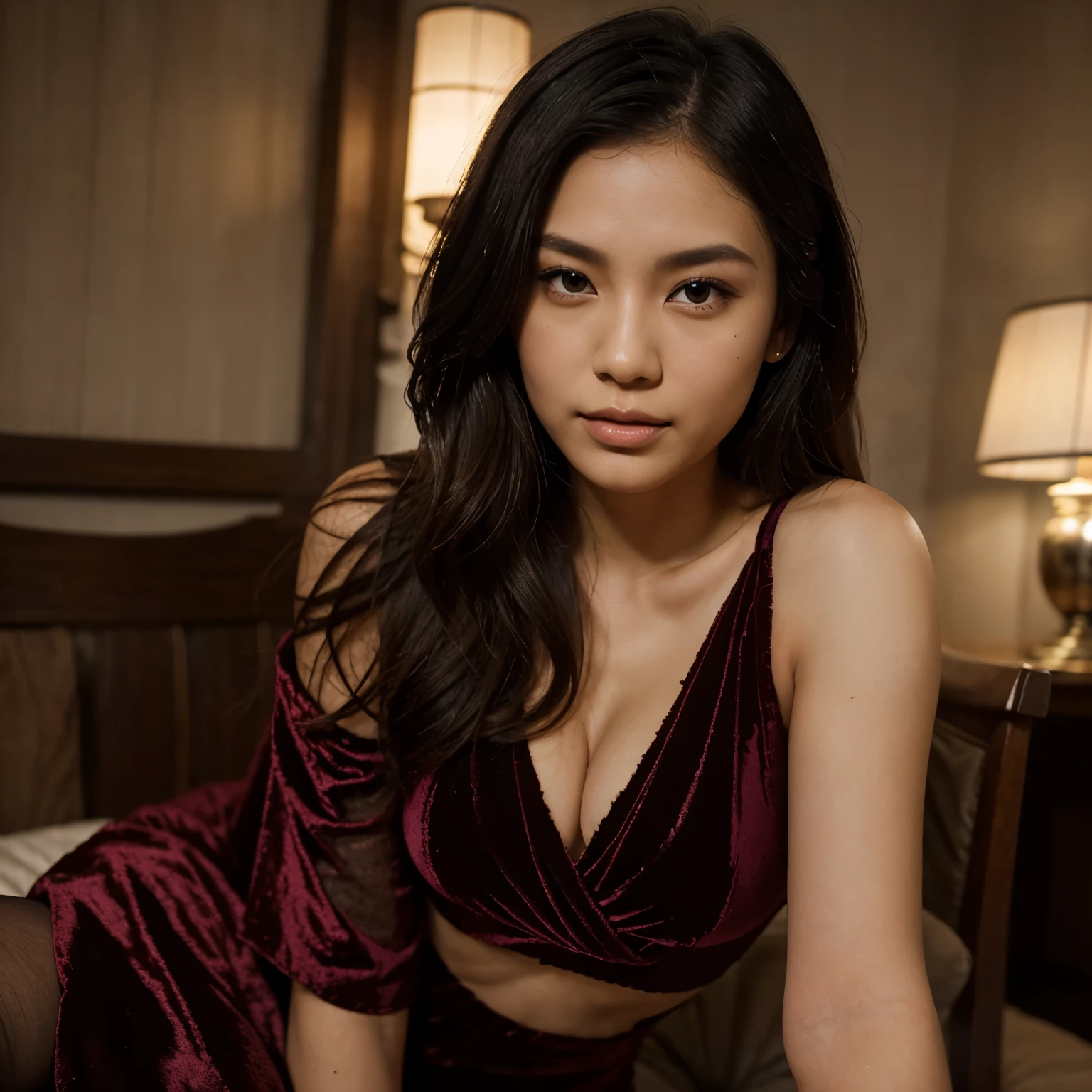 photo of black hair female, natural skin, realistic skin, beautiful refined oily skin, real skin texture, sharp face lines, skinny face, beautiful slim face, black long hair, beautiful dimples cheeks, slim beautiful japanese face, beautiful face, beautiful nose, masterpiece, high resolution, 21 years old, busty female, american mixed japanese ethnic female, Under the city's twilight, draped in a luxurious velvet gown with a daring thigh-high slit, striking a pose that marries elegance and allure, the fading light casting a soft glow on the fabric's rich texture