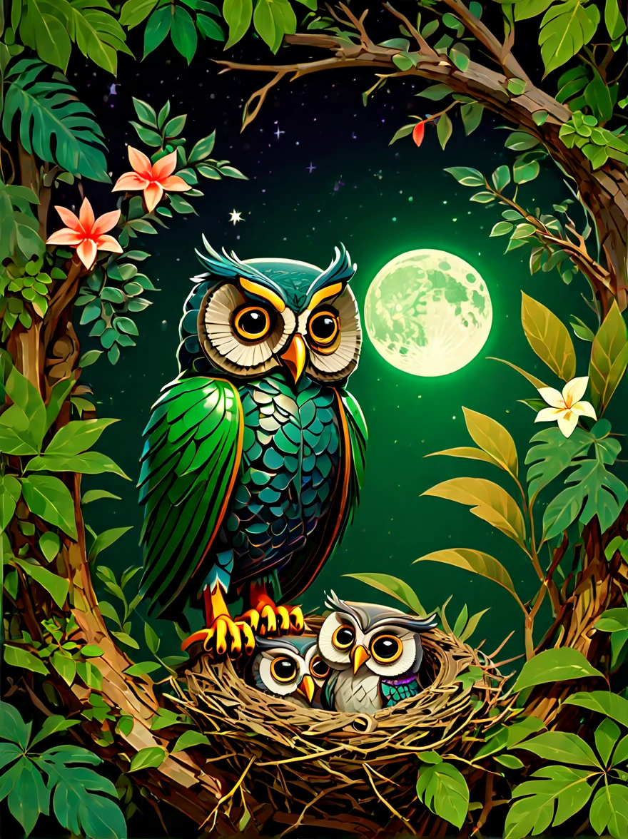dark jungle，night，moon，cute owl，((Sophisticated and beautiful nest:1.5))，branches，green leaves，Colorful flowers and diverse plants