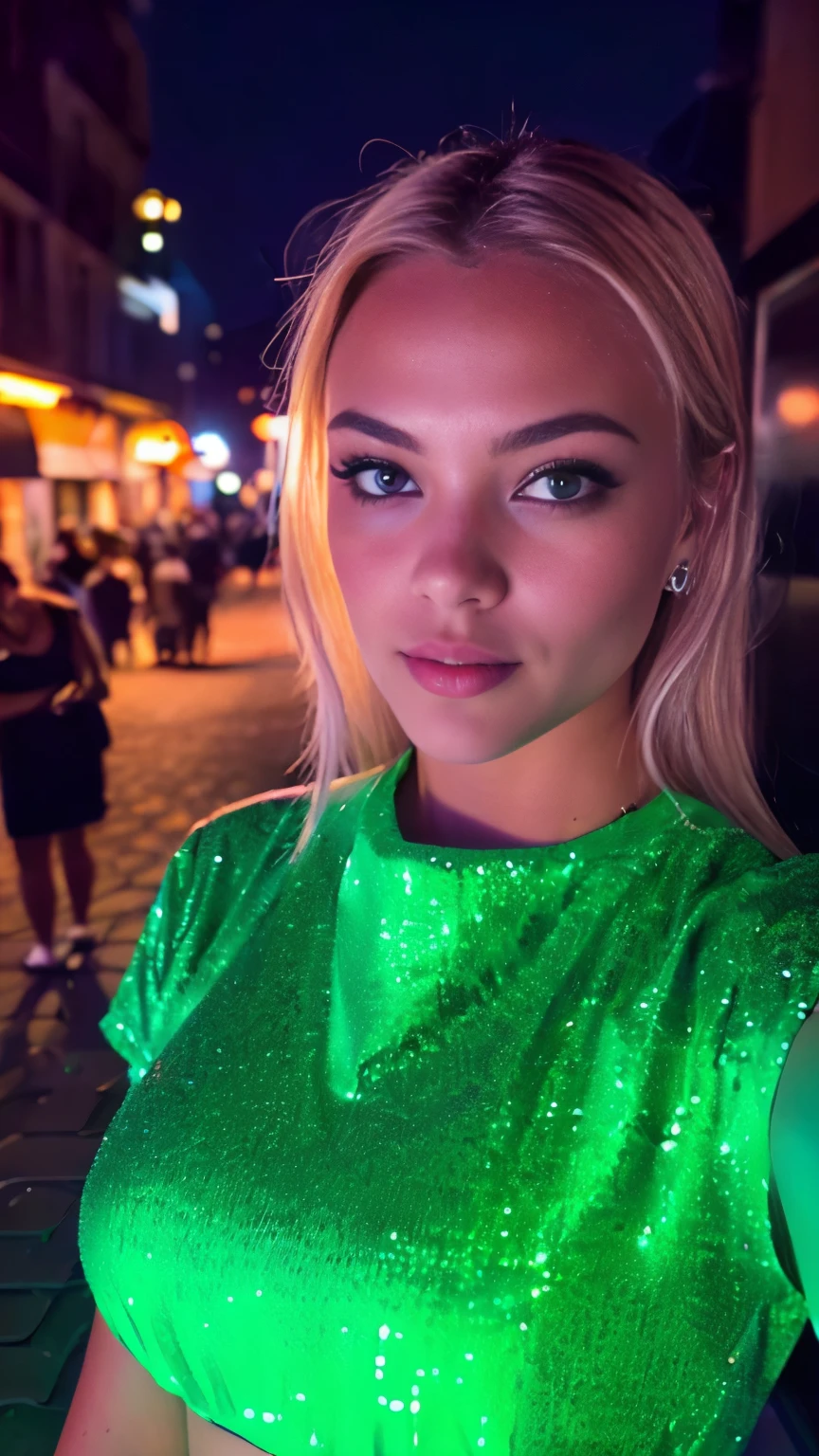 (selfie, top view: 1.4), (straight half of the body: 1.4), RAW UHD portrait photo of a 24-year-old, blonde hair (green-eyed woman), in night club, large breasts, wearing green dress, no sleeves, city at night, (lingere), (neckline), details (textures! , hair! , glitter, color!! , disadvantages: 1.1), glossy eyes with high detail (looking at the camera), SLR lighting, SLR camera, ultra-quality, sharpness, depth of field, film grain (center), Fujifilm XT3, crystal clear, frame center, beautiful face, sharp focus, street lamp, neon lighting, bokeh (dimly lit), night, (night sky), detailed skin pores, oily skin, sunburn, complex eye details, full body, beautiful face, slim face