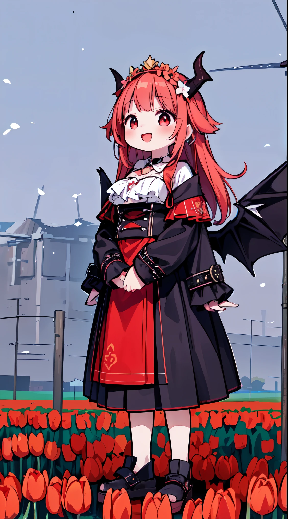 (super fine illustration:1.2),(masterpiece, 8k), (best quality, high quality:1.4), perfect anatomy, hyper detailed, ultra detailed,masterpiece background,beautiful detailed background, v8k wallpaper,perfect design,award-winning art,atmospheric,
BREAK, 1 beautiful girl, (Beauty:1.5),(Chibi:0.5),(kawaii:2.0),(Cool:2.0),( girl),(Solo:1.65),BREAK, (huge-breasted:1.35), Clear skin, Beautiful skin, Shy, 1 beautiful woman,Demons,Colossal tits(Hair Bow, Red hair, Long hair, flipped hair, hair messy,Wings of an angel on the back, Demon King's horn on the head:1.2), (Red Eyes, long eyelashes, Double eyelids: 1.2), Shiny skin,de pele branca,dial,(best quality face),(Top quality glowing eyes),(Doya face,brave face:1.45),(The best smile,:D:1.45), BREAK, (steampunk-inspired motif:1.33), smoky lace, brown corset, (closed collar long-sleeved blouse:1.2) heavy coat with black frills, a volumey pannier under a (long skirt:1.3), lace ruffle socks, top hat, goggles, lace-up boots, leather glove,
BREAK, ((Netherland's folk costume)),(((Volendam's folk costume))),((clogs,klompen)), smile,
Horizon, (Netherlands), (tiara, necklace, earrings), (flower crown, flower head, side flower head, flower hair ornament:1.5),
BREAK ((Volendam,windmill,)),((tulip field)),bkuesky,sunlight,morning,
BREAK,wakame,wakame,wakame,(looking up,from front ,full body shot:1.5) ,
BREAK,(Blurry background:1.3),(absurderes, hight resolution, Super Detail Art),cel shading,Clear Color, Lonely optical effect, Beautiful pictures, Bright glow, mystic atmosphere,(Close-up of girl:1.1), Mystical light particle effect,manga influence, clean line drawings,