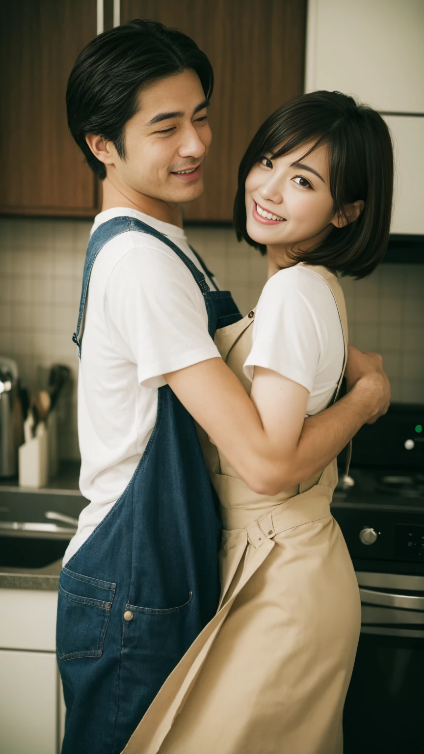best qualtiy、​masterpiece、fidelity:1.3、超A high resolution、(Photorealsitic:1.4)、Couple hugging in kitchen（Year difference couple、The woman is tall:1.5、Man is a boy）、1 Most Beautiful Mature Woman in Japan（Obscene big breasts:1.4、Wearing an apron、Bob Hair）、1 boy with a cute face（shortsleeves）The ultra -The high-definition