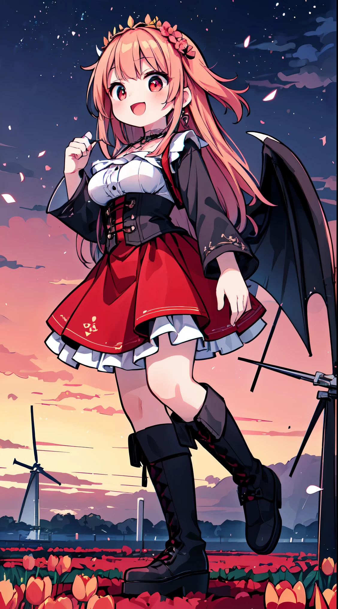 (super fine illustration:1.2),(masterpiece, 8k), (best quality, high quality:1.4), perfect anatomy, hyper detailed, ultra detailed,masterpiece background,beautiful detailed background, v8k wallpaper,perfect design,award-winning art,atmospheric,
BREAK, 1 beautiful girl, (Beauty:1.5),(Chibi:0.5),(kawaii:2.0),(Cool:2.0),( girl),(Solo:1.65),BREAK, (huge-breasted:1.35), Clear skin, Beautiful skin, Shy, 1 beautiful woman,Demons,Colossal tits(Hair Bow, Red hair, Long hair, flipped hair, hair messy,Wings of an angel on the back, Demon King's horn on the head:1.2), (Red Eyes, long eyelashes, Double eyelids: 1.2), Shiny skin,de pele branca,dial,(best quality face),(Top quality glowing eyes),(Doya face,brave face:1.45),(The best smile,:D:1.45), BREAK, (steampunk-inspired motif:1.33), smoky lace, brown corset, (closed collar long-sleeved blouse:1.2) heavy coat with black frills, a volumey pannier under a (long skirt:1.3), lace ruffle socks, top hat, goggles, lace-up boots, leather glove,
BREAK, ((Netherland's folk costume)),(((Volendam's folk costume))),((clogs,klompen)), smile,
Horizon, (Netherlands), (tiara, necklace, earrings), (flower crown, flower head, side flower head, flower hair ornament:1.5),
BREAK ((Volendam,windmill,)),((tulip field)),bkuesky,sunlight,morning,
BREAK,wakame,wakame,wakame,(looking up,from front ,full body shot:1.5) ,
BREAK,(Blurry background:1.3),(absurderes, hight resolution, Super Detail Art),cel shading,Clear Color, Lonely optical effect, Beautiful pictures, Bright glow, mystic atmosphere,(Close-up of girl:1.1), Mystical light particle effect,manga influence, clean line drawings,
