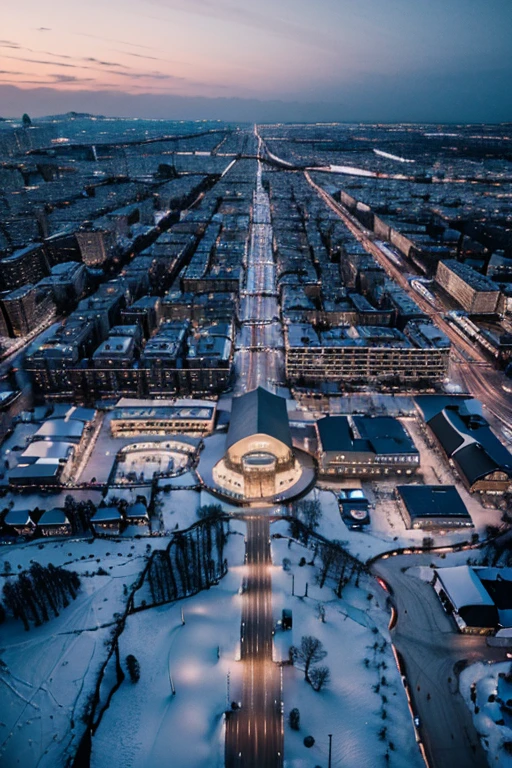 best quality, detailed, 4k, raw photo, masterpiece, (city, snowy, night),