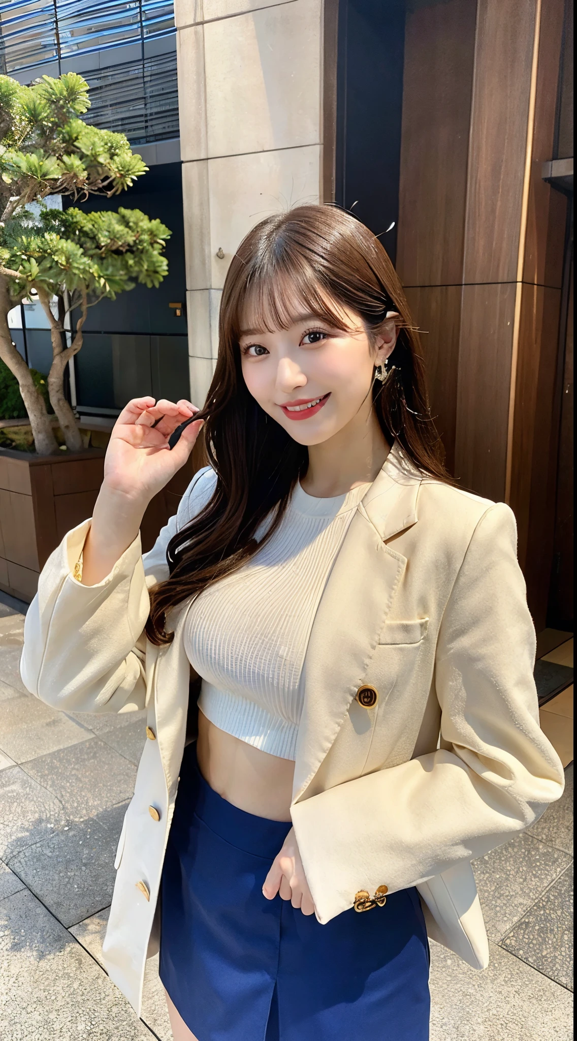 ((highest quality)), ((masterpiece)), (be familiar with), perfect face, smile, big breasts, Cracking abs, Japanese, perfect style, thick legs, Are standing, shirt,skirt,high heels,whole body, showing teeth, looking at the camera, big breastsの谷間, coat
