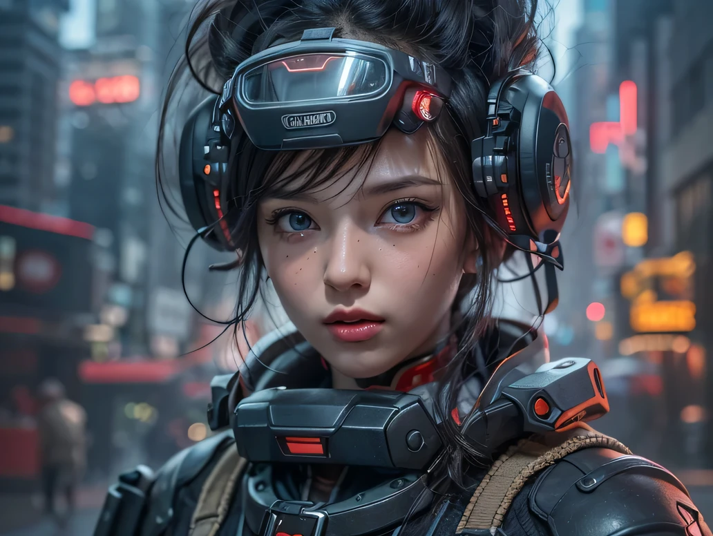 cyberpunk world war 3, cinematic composition, Fantasy digital painting by Greg Rutkowski and James Gurney, Trending at Art Station, very detailed, hyper realistic, realistic, photorealistic, dynamic lighting, very detailed, cinematic landscape, Studio Landscape, studio lighting, 1 Young pretty girl, ((idol face:1.2)), (symmetrical eyes:1.35), (beautiful and fine eyes:1.65), medium curly black hair, combat uniform,