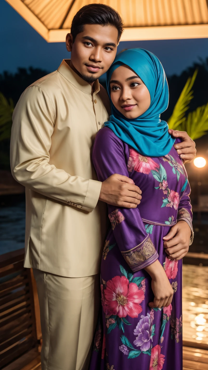 1 matured malay men 30 years oldin office suit,hugging young malay girl in hijab wearing floral baju kurung  20 - 23 years old, malay men hand on girl shoulder, nighttime, beautiful girl with beautiful perfect body, location: beautiful tropical river, professional photography, bright lighting, 28mm lens, Establishing shot, deep focus cinematography effect, Natural Lighting, pastel color grading, high quality, ultra detail, 8k resolution,