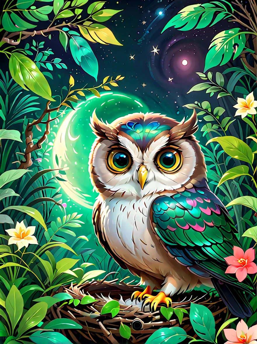 dark jungle，night，moon，cute owl，((Sophisticated and beautiful nest:1.5))，branches，green leaves，Colorful flowers and diverse plants