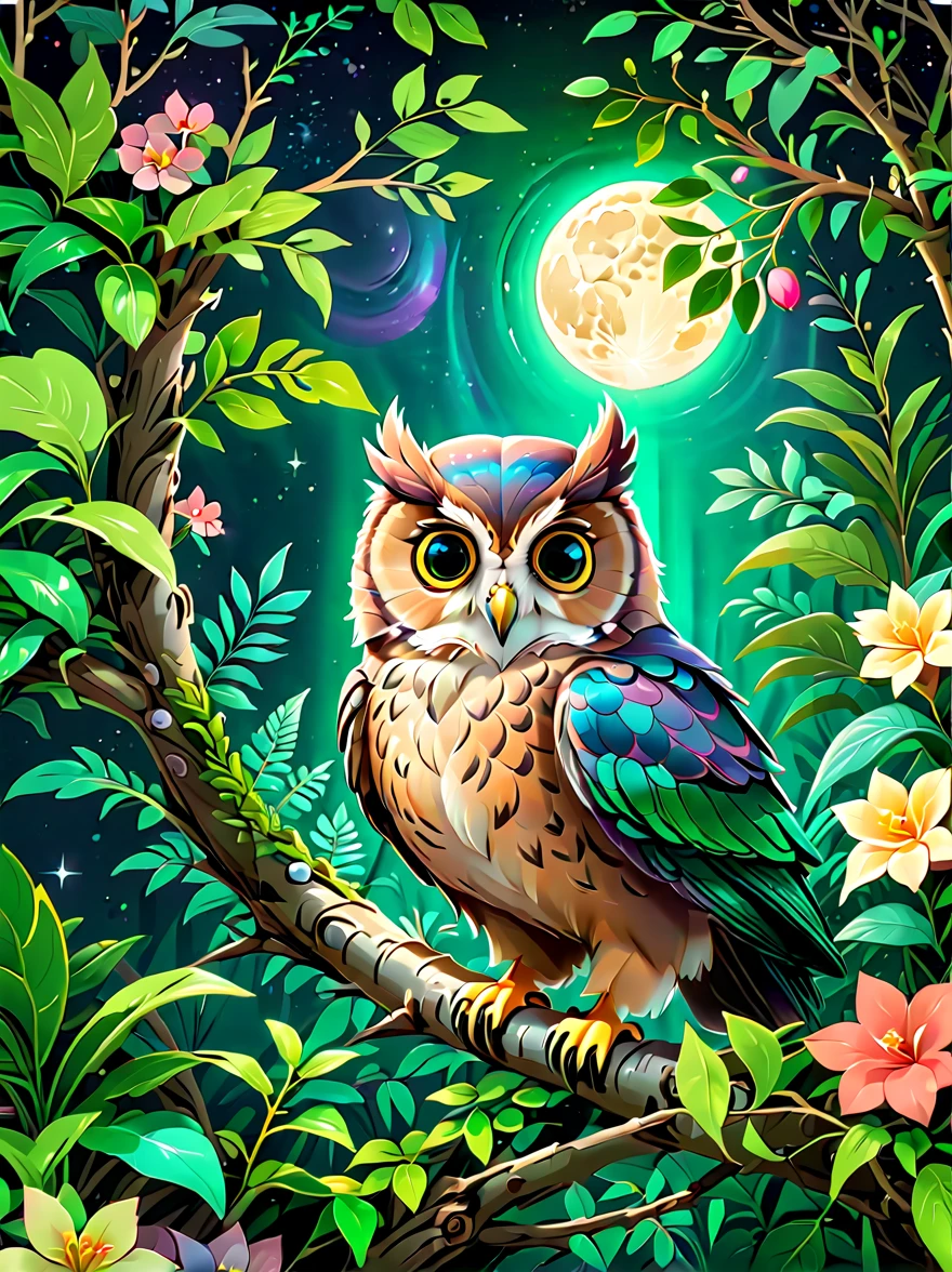 dark jungle，night，moon，cute owl，((Sophisticated and beautiful nest:1.5))，branches，green leaves，Colorful flowers and diverse plants