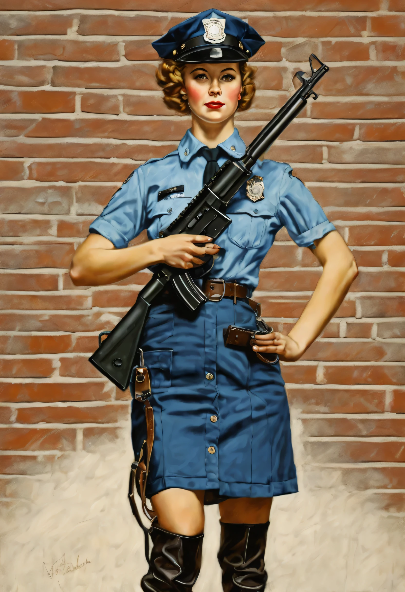 cute police girl with M-16 ((style by Norman-Rockwell)), vintage impasto-painting, extreme detail, intricate, unusual, ((Best quality)), ((masterpiece)), ((realistic)), (perfect), 8k, impulsivity:0.2