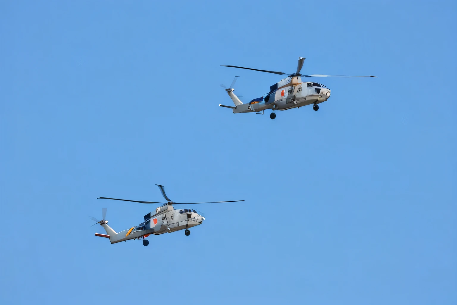 two military helicopters flying in the sky 画質そのままで，