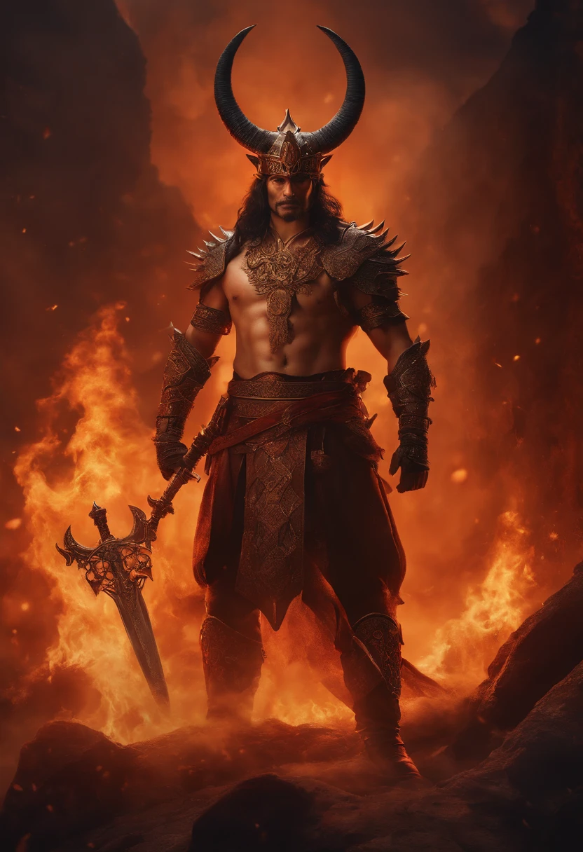 award winning full body portrait of lord Yama, in front of hell's gate, with a broadsword, fire ambers, horns on head in flames, lost souls,blood and gore outrun, vaporware, digital art, trending on artstation, highly detailed, fine detail, intricate