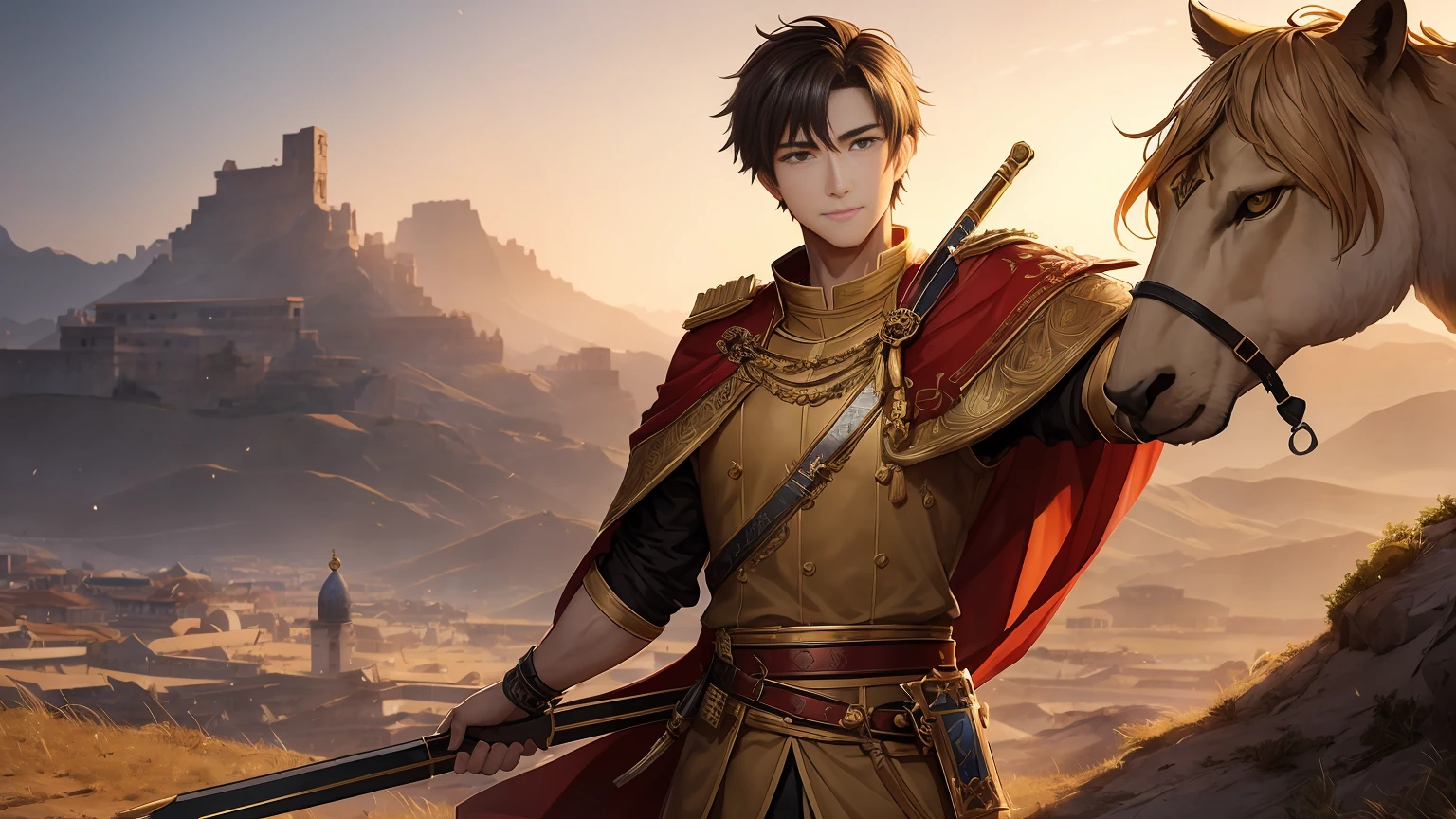 Constantine the Great。17youth at a young age。dramatic compositions。historically accurate。The period of turmoil in the late Roman Empire。Dress of the late Roman Empire。Cheerful battle pose。meek and、He has a gentle smile on his face。kind and sharp eyes。limitless ambition。Plains of Moesia。city of nish。far away、Mountains that spread out overlapping ridgelines々can be seen。壮大なadventureの始まりを思わせるコンセプトアート。A boy's coming-of-age story。Destiny to become Emperor of the Roman Empire。pure love。friendship。adventure。power struggle。trickery。Super high quality。Professional high image quality like a Hollywood blockbuster movie。The majestic lion stands tall。golden sunrise。