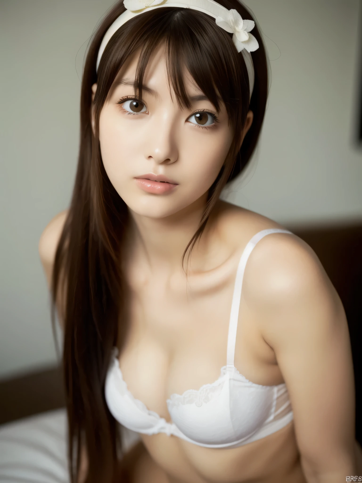 (A superb exquisite haruhi suzumiya), (haruhi suzumiya:1.5), brown eyes, brown hair, natural straight hair, hairband, ribbon, straight bangs, solo, nature, extremely delicate, straight facial features, peerless beautiful girl, soft, (sensual face), ((ecchi face)), dreamy quality, exaggerated facial features, solid color, frank holly, delicate face, bright lips, slender waist, soft curves, real light and shadow, super fine, 4k, natural moving, Ultra high resolution, (masterpiece:1.2, best quality), (finely detailed beautiful eyes: 1.2), (beautiful detailed face), sexy semi-nude model, sexy pose, Ultra high definition white bra and panties, erect nipples,Medium chest, slender body, (bedroom),