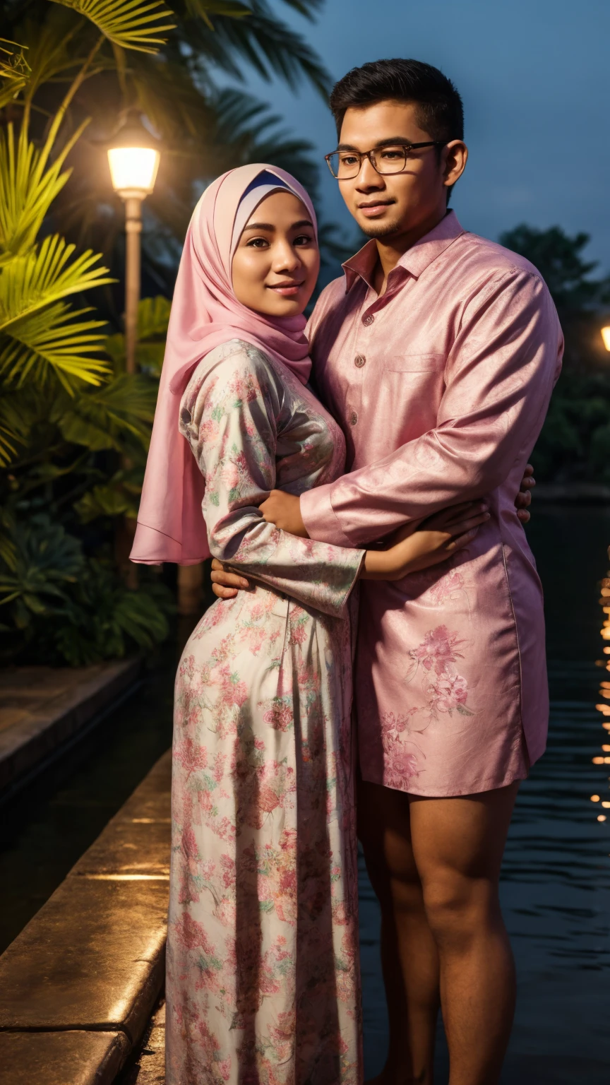 1 matured malay men 30 years oldin office suit,hugging young malay girl in hijab wearing floral baju kurung  20 - 23 years old, malay men hand on girl shoulder, nighttime, beautiful girl with beautiful perfect body, location: beautiful tropical river, professional photography, bright lighting, 28mm lens, Establishing shot, deep focus cinematography effect, Natural Lighting, pastel color grading, high quality, ultra detail, 8k resolution,