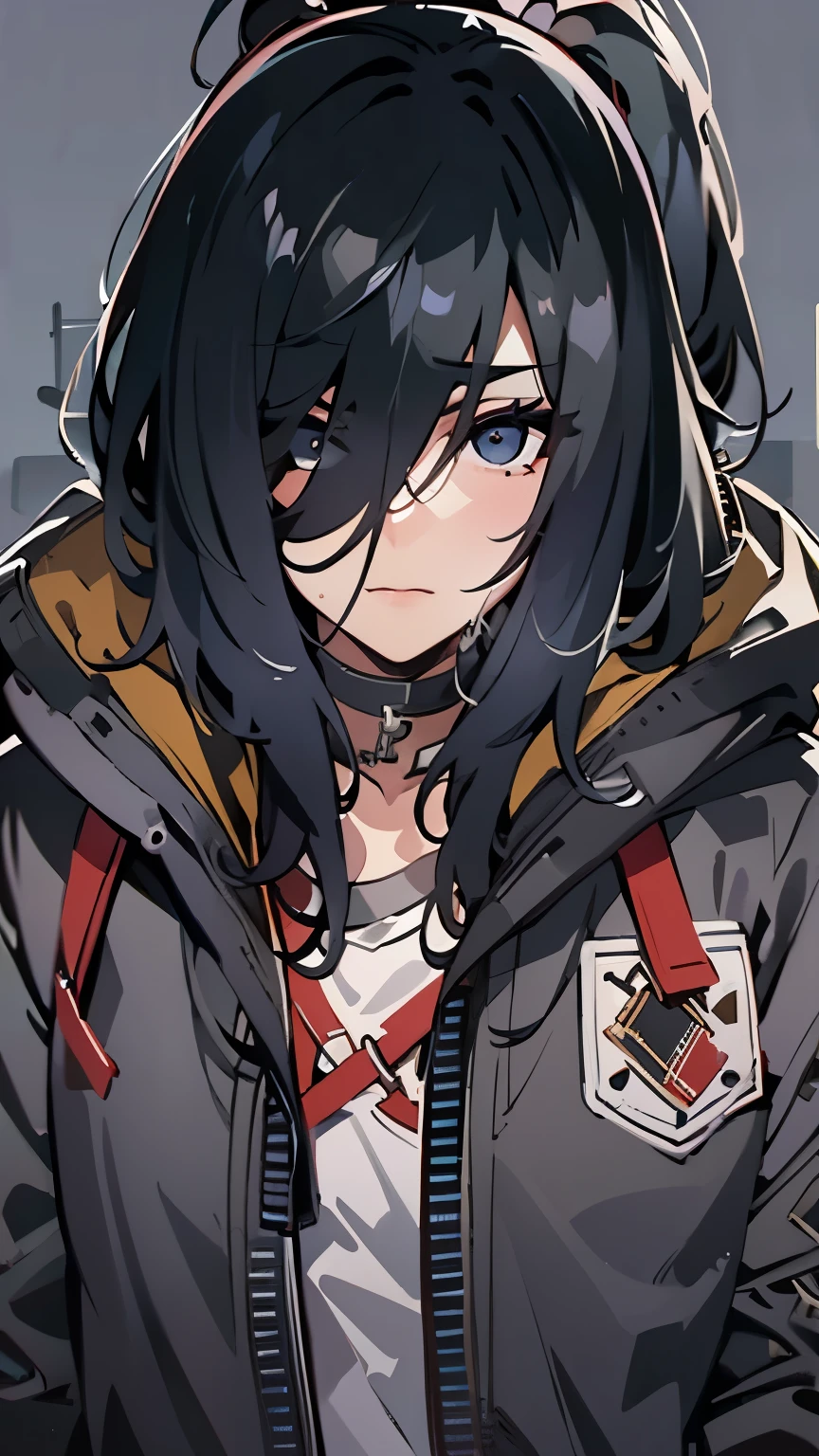 1 girl，black hair，side ponytail，Pale skin，empty eyes，yandere，Punk coat，Assassin Clothing，shorts，black mask，hood