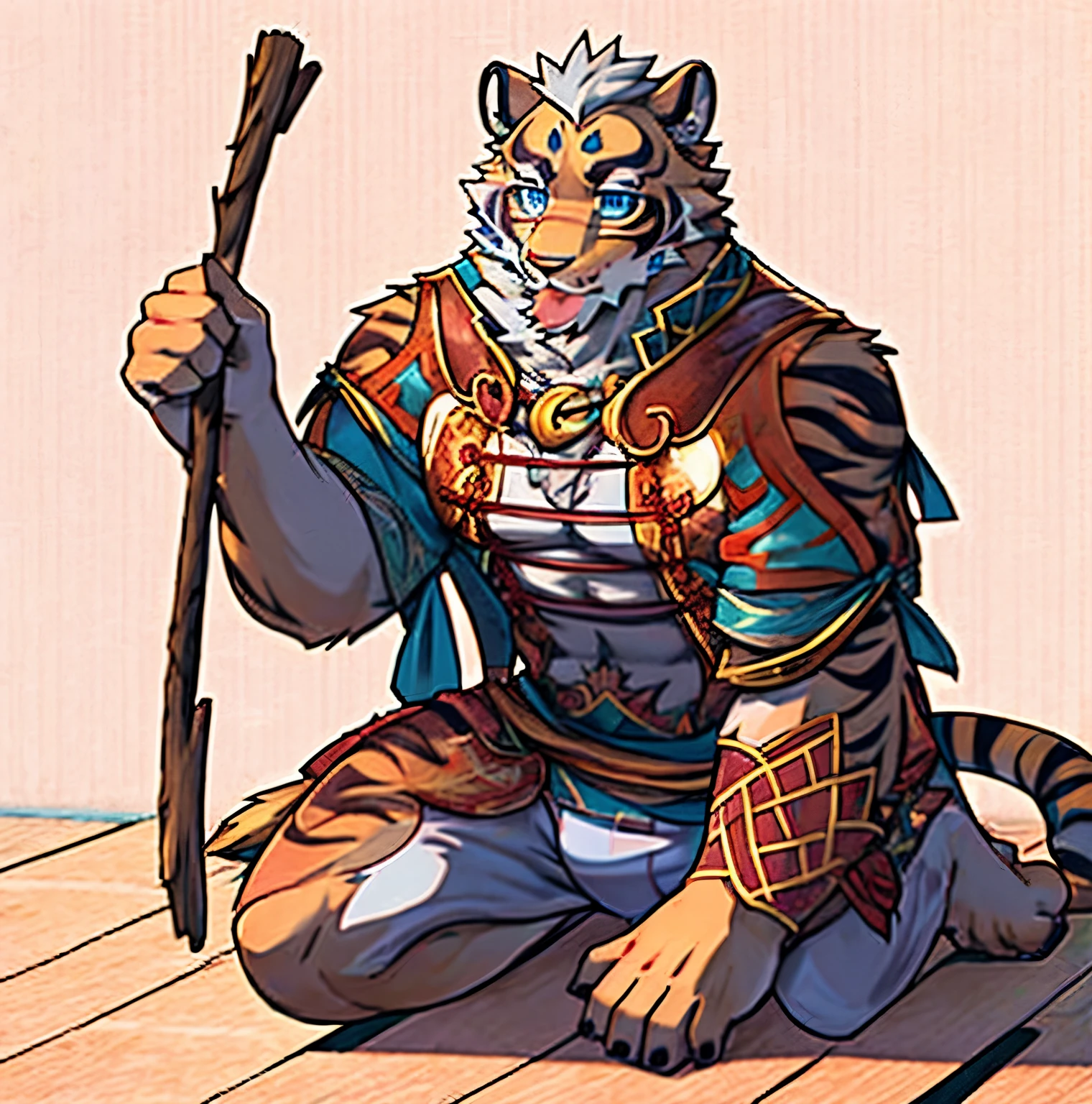 Lin Hu，Tiger Master，alone，Alone，nude，nude，full body portrait，full body portrait，Lean figure，Lean figure，blue eyes，Pampered eyes，mature male，Daddy is a boyfriend，blush，shy，stick out tongue，Love in eyes，Kneeling on the ground，Kneeling on the ground，arms back behind，arms back behind，Show chest，Pink nipples，4k，HD，masterpiece，best quality，five fingers，five fingers，five fingers，bulge，bulge，