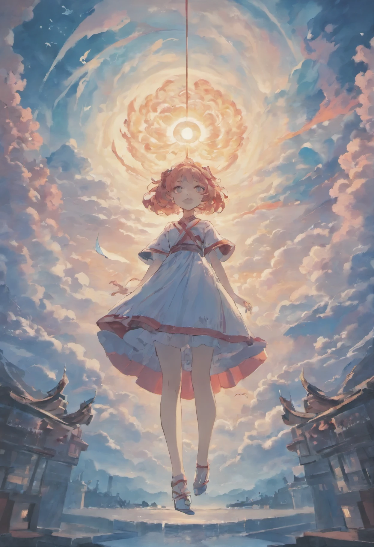 pure white picture,The painting depicts a woman wearing an old red dress.,one big eye looking down from heaven,giant swimming fish in the clouds, made of fog, dark white and pink, In the style of Lee Xiu-heung, shilin huang, Talented people々々, air-like shape, huge scale, elegant and balanced,god々New,double exposure, Cloud Effect:1.5,Elevation,vision,Super detailed,highest quality,masterpiece,8K,非常に詳New,magnificent artwork,詳New顔,eye ratio 1:1,