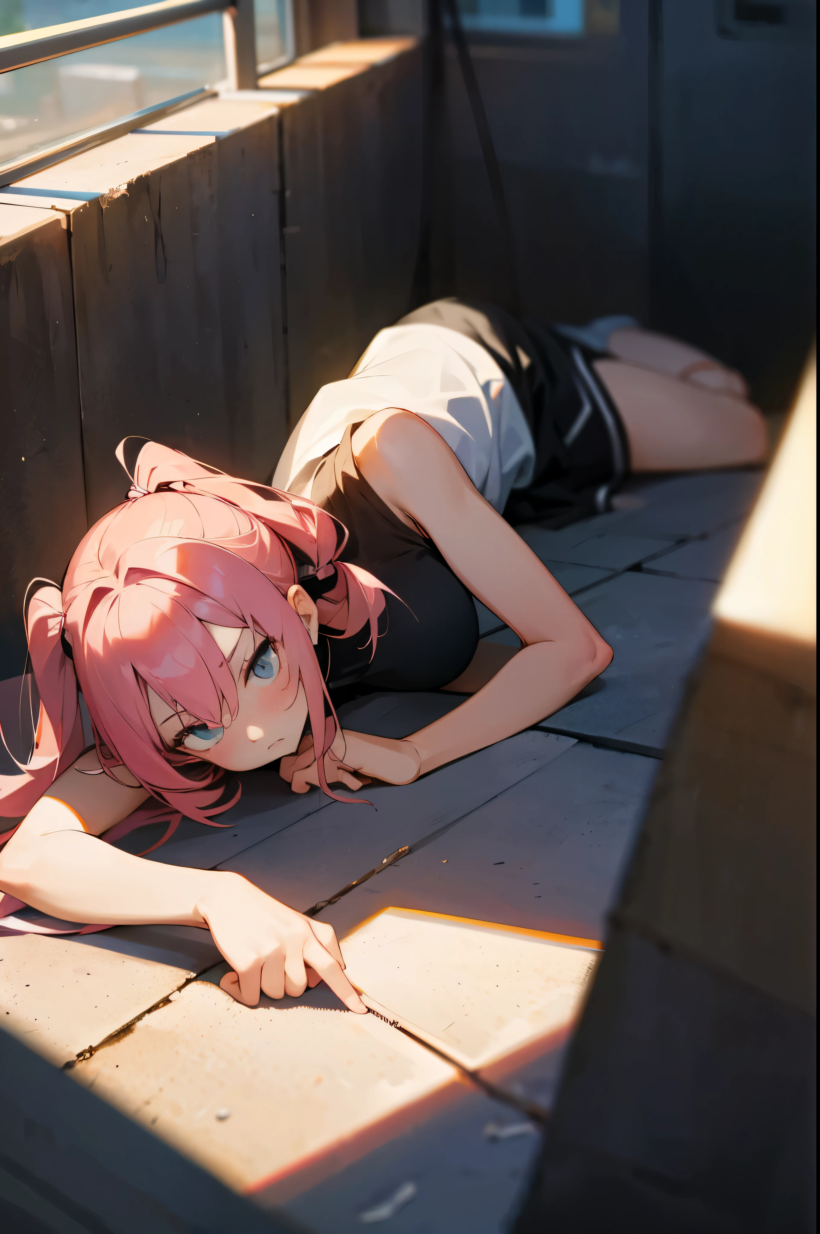 Girl with pink hair、big twin tails、disgusted face、Black sleeveless shirt、Knocked down、lie on the ground on your back、hand growing from the ground、Hands touching thighs