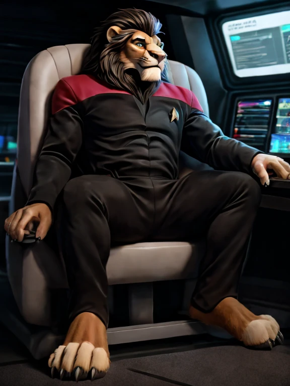 full body picture, full figure image, masterpiece, best quality, soft light, bokeh, real shadow, cinematic, The barefoot male muscular furry character resembling Scar from Lion King (anthro lion with orange fur, black mane with with white strand), exudes confidence and authority as he sits in the captain's chair, and his red and black Star Trek uniform with the Starfleet Delta badge on his chest is a perfect match for his muscular figure. Handsome clawed feet paws dominate the bridge of the ship and its crew. Long black pants and red and black shirt without sleeves. Bridge of starship with many screens and consoles as background, futuristic look, metalic. high resolution, anatomically correct, digital art style, photoreal, visible feet, nice big paws with pawpads