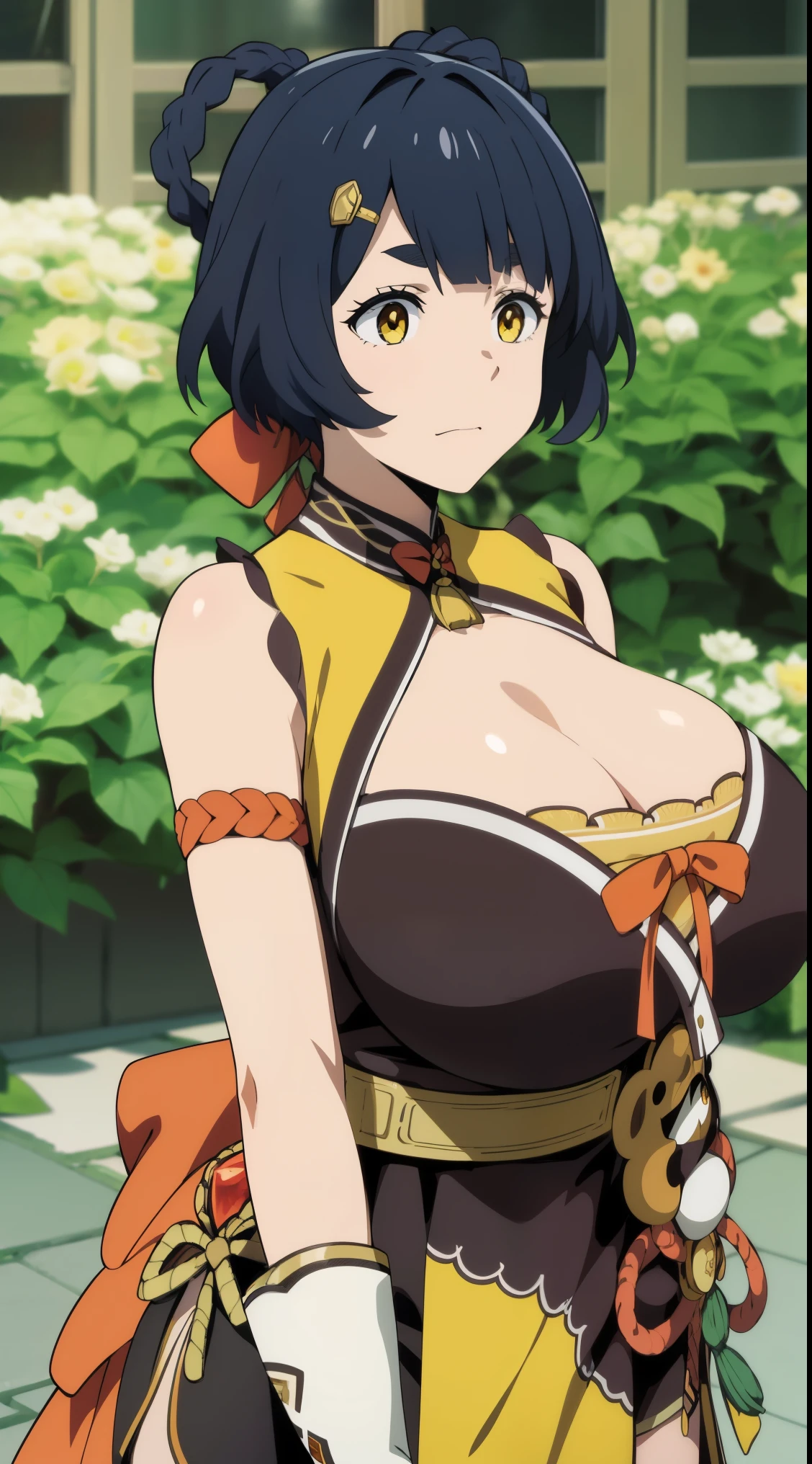 xiangling \(genshin impact\),1girl,blue hair, short hair, thick eyebrows, hairclip, hair rings, braid, yellow eyes, (Beautiful,Huge_Breasts:1.5),
BREAK
, 1girl, solo, Standing in the garden, full body, full figure,
BREAK
, Garden,
BREAK
, bow,glove, chinese clothes, sleeveless, bare shoulders, pelvic curtain, belt,
BREAK
, official art, extremely detailed CG unity 8k wallpaper, perfect lighting, Colorful, (best_quality:1.0), ultra high res,4K, ultra-detailed, 8K, HDR, high resolution,  absurdres:1.2, film grain, blurry background, (vibrant_color:1.2), (beautiful_face:1.5), (narrow waist),