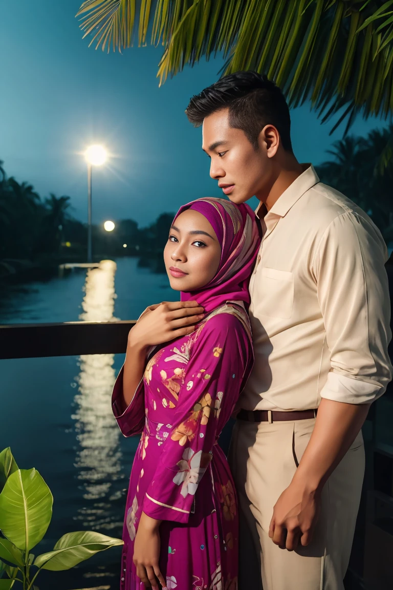 (masutepiece), (Best Quality), Realistic, Photorealism, 1 matured malay men 30 years oldin office suit,hugging young malay girl in hijab wearing floral baju kurung  20 - 23 years old, malay men hand on girl shoulder, nighttime, beautiful girl with beautiful perfect body, location: beautiful tropical river, professional photography, bright lighting, 28mm lens, Establishing shot, deep focus cinematography effect, Natural Lighting, pastel color grading, high quality, ultra detail, 8k resolution,