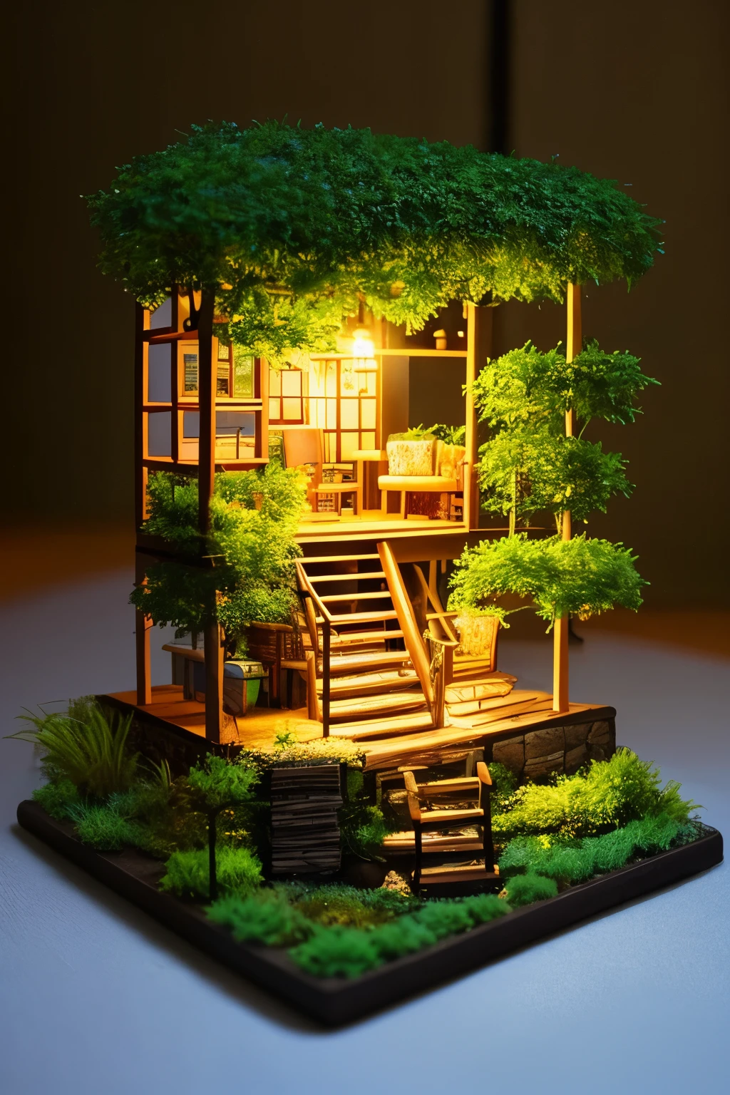 (pixer style),miniature garden、Tree House、one girl、Miniature Figure Models, Right-to-left light source, Rambrandt Lighting, Right-to-left light source, (isometric drawing), (top down), realistic scale, Post-processing, ((Orthogonal perspective)), Super detailed, realistic, 超realistic, realistic rendering, slightly dim lighting、perfect blurred background、professional photographer
