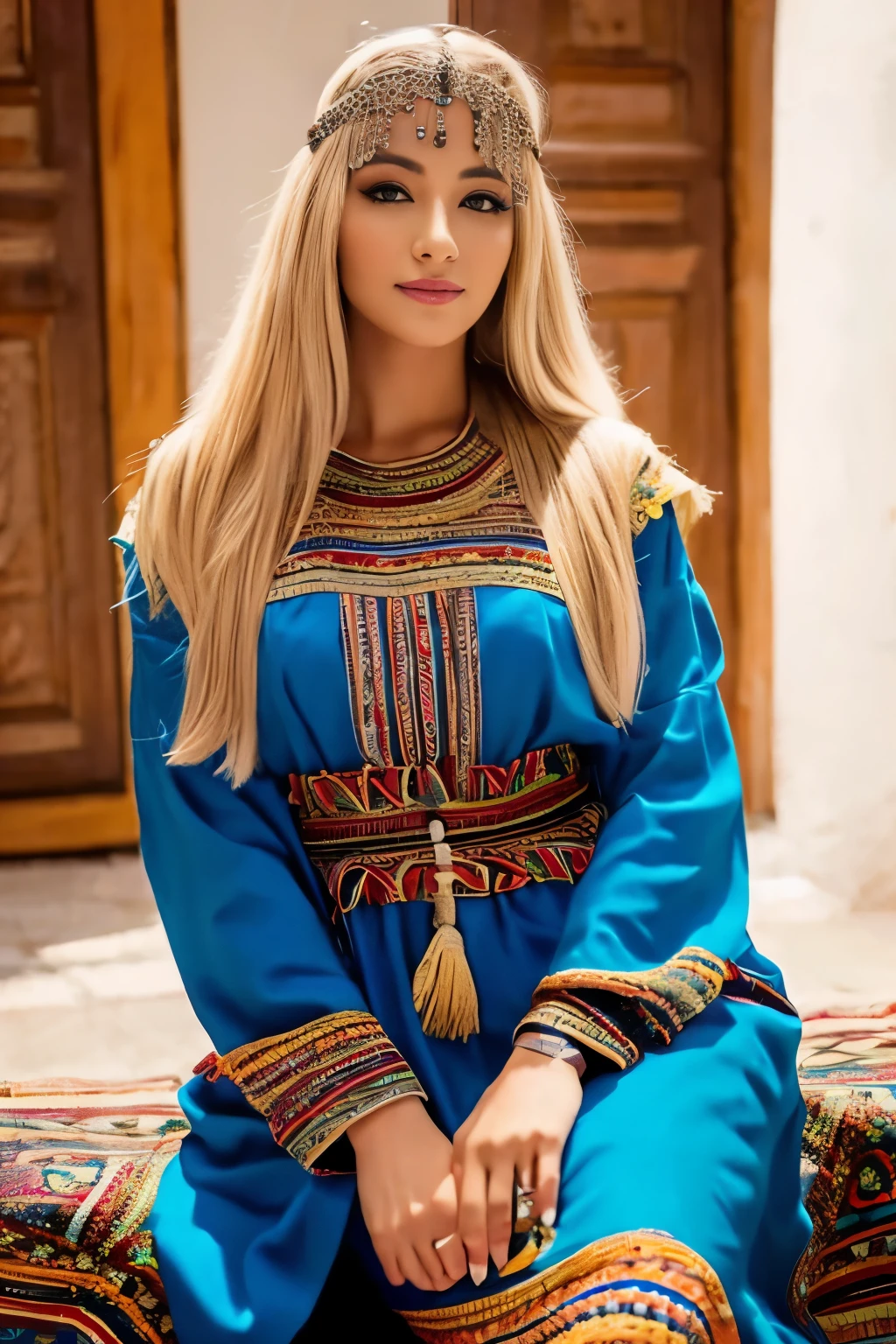 beautiful blonde amazigh lady, wearing kabyle dress, berber, robe kabyle, realistic, pretty, tizi ouzou, robekabyle, femmekabyle, ouadhias,kabyledress, perfect face,