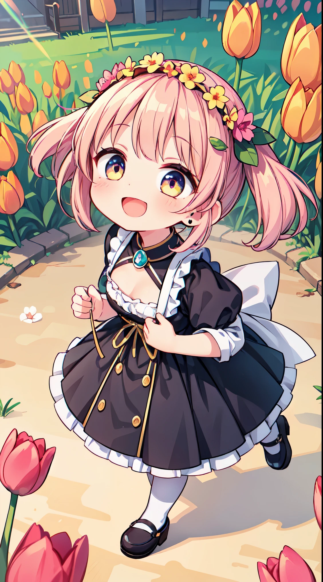 (super fine illustration:1.2),(masterpiece, 8k), (best quality, high quality:1.4), perfect anatomy, hyper detailed, ultra detailed,masterpiece background,beautiful detailed background, v8k wallpaper,perfect design,award-winning art,atmospheric,
BREAK, 1 beautiful girl, Solo,(Cute:1.5),(Chibi:0.8), (kawaii:1.5),(:0.5), BREAK, (girl, Cute, Cheerful, face, medium breasts:1.2),(Pink hair,disheveled short twin tails,tareme,Gold eyes:1.2),gleaming skin,Clear skin, cleavage of the breast,Beautiful , gleaming skin,Clear skin, Beautiful skin,( A smile:1.5),(best quality face),(Top quality glowing eyes),(The best smile,:D:1.45),
BREAK, ((Netherland's folk costume)),(((Volendam's folk costume))),((clogs,klompen)), smile,
Horizon, (Netherlands), (tiara, necklace, earrings), (flower crown, flower head, side flower head, flower hair ornament:1.5),
BREAK ((Volendam,windmill,)),((tulip field)),bkuesky,sunlight,morning,
BREAK,wakame,wakame,wakame,(looking up,from front ,full body shot:1.5) ,
BREAK,(Blurry background:1.3),(absurderes, hight resolution, Super Detail Art),cel shading,Clear Color, Lonely optical effect, Beautiful pictures, Bright glow, mystic atmosphere,(Close-up of girl:1.1), Mystical light particle effect,manga influence, clean line drawings,