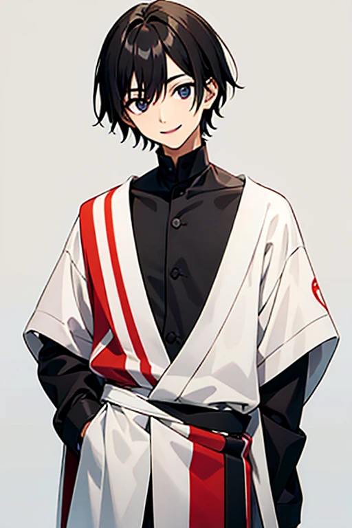 A boy around 20 years old with black mash hair, a cheerful expression, a smiling face, and wearing clothes similar to Yohji Yamamoto.The background is simple white.