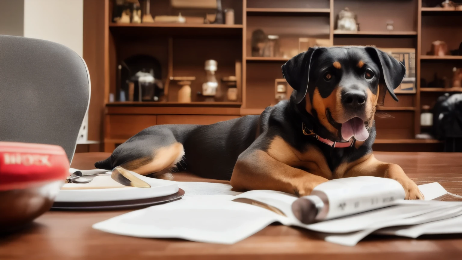 hyper ultra realistic photographs full body of A stern-faced Rottweiler sits at the head of a mahogany table, a pair of reading glasses perched on his snout as he scrutinizes financial reports. A gold Rolex glints on his paw, and a personalized nameplate reads "Sir Barksington III, CEO of Doggo Treats Unlimited." ratio 16:9, 4k, 8k resolution, High quality photo, high detailed, imagesharp focus, Cinematic lighting,hyperdetailed & Unreal engine, detail, realism, photography,cinematography, camera NIKON, lens NIKKOR flagship, masterpiece. hyper-maximalism, ultradetailed photorealistic, light skin imperfections, final render, vray, photo, fashion