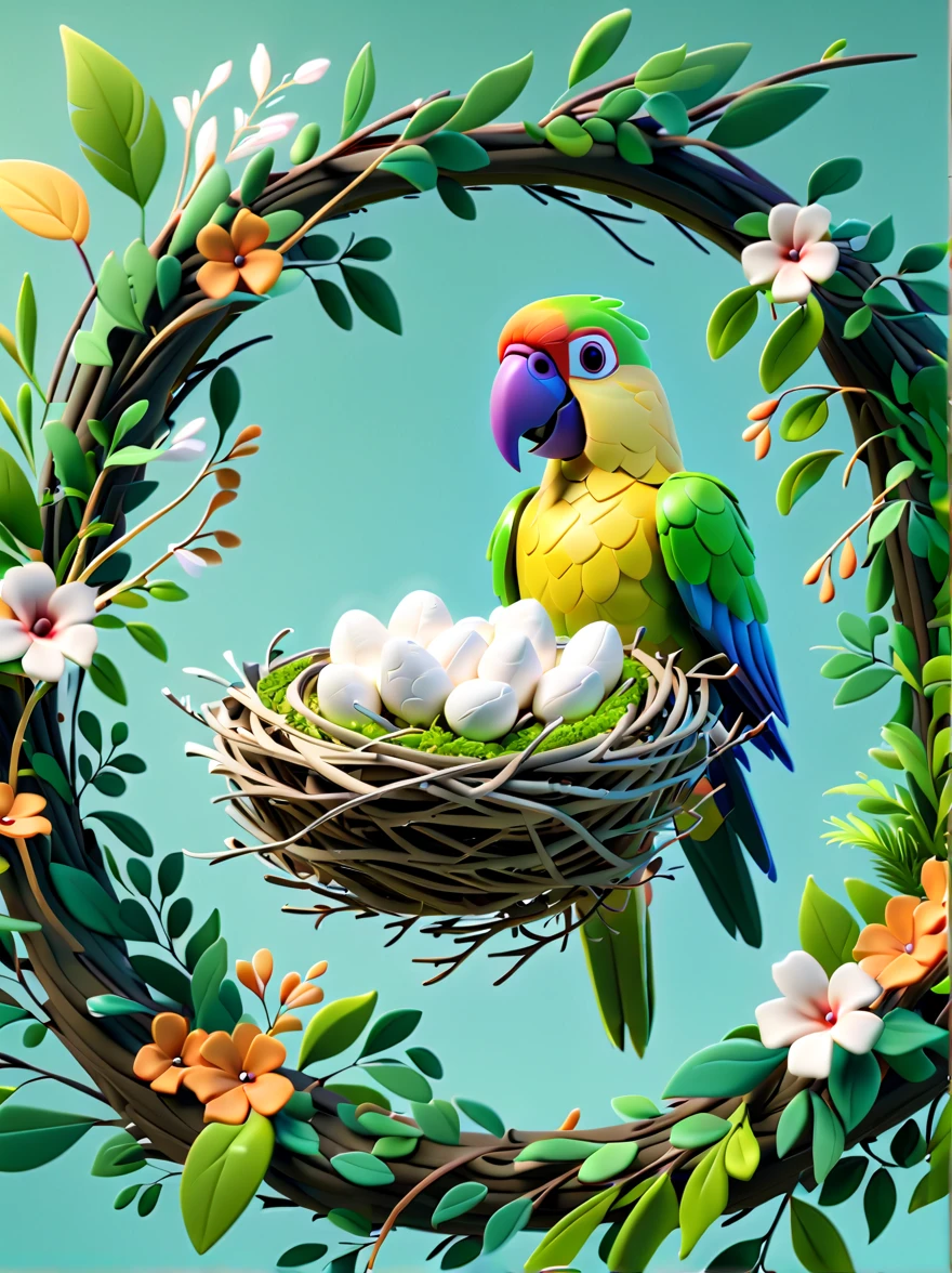 Pixar animation style, Rainforest,gold steel parrot,((Sophisticated and beautiful nest:1.5)),branches,green leaves,Colorful flowers and diverse plants, Made of marshmallow material, c4d, 8k, HD quality