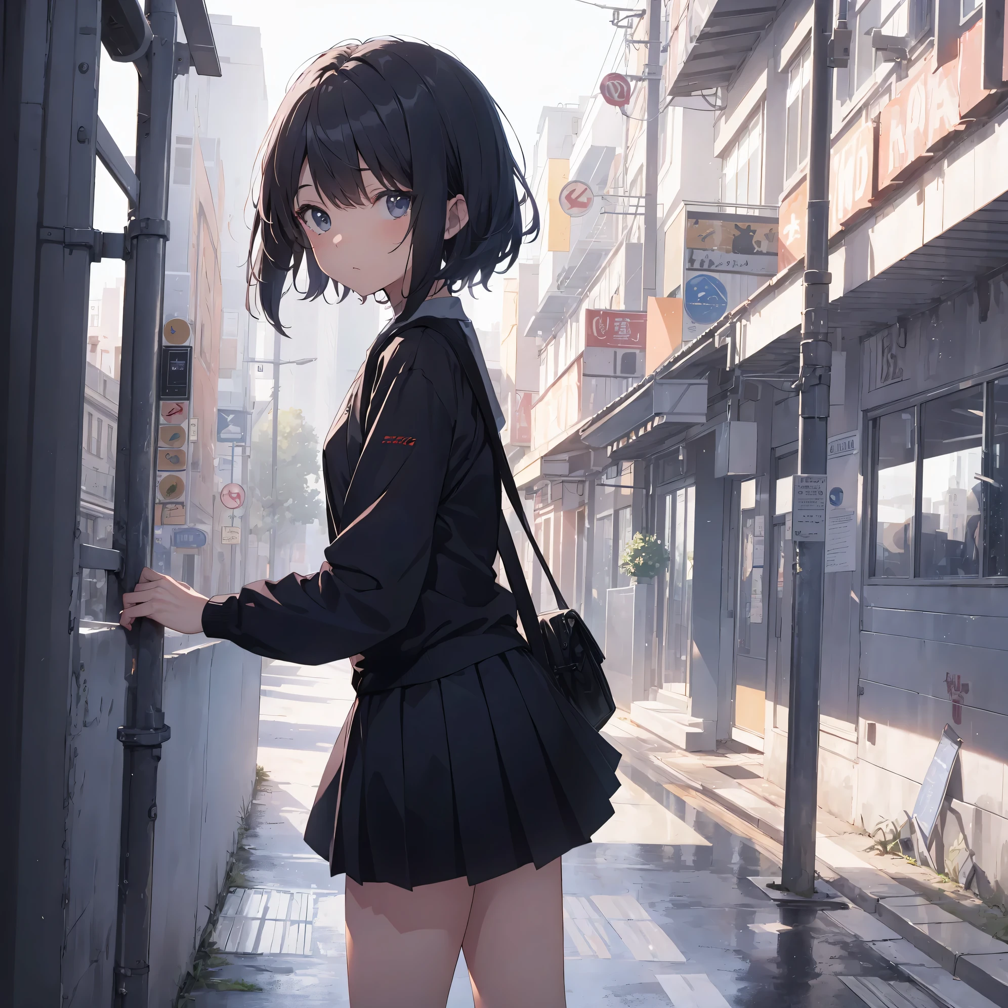 Super high quality by the art god, super detailed, High resolution,Shinkai Makoto style, anime moe art style, best anime 8K konachan wallpaper, pixiv contest winner, perfect anatomy, break,(眠そうにalone学校へ行く女の子を描いてください. ),break, surreal high school girl, (alone,lolita, , :1.3),All limbs, full finger,, androgynous charm, (very short hair), messy hair, flat chest, small ass, between legs, Small black eyes,beautiful and fine eyes, Well-proportioned iris and pupils, disgusted eyes, High resolutionの詳細な髪, wearing school uniform, (skirt), On the way to school. break,super dense skin, Best lighting by famous artists, 8K, figure,