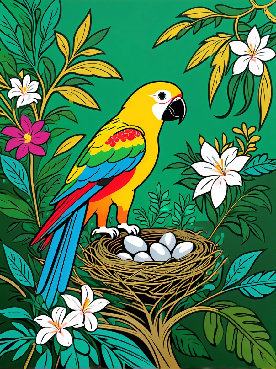 Rainforest，gold steel parrot，((Sophisticated and beautiful nest:1.5))，branches，green leaves，Colorful flowers and diverse plants, graffiti in the style of Keith Haring,sharpie illustration, Bold lines and solid colors, Simple details, minimalist 