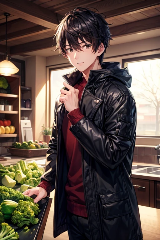 a handsome guy、20代の男性、Winter clothes、black short hair、brown eyes、long sleeve、I like vegetables、Broccoli field、High resolution、In 8K、sharp focus、zoom、with the best image quality、highest quality