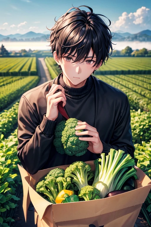 a handsome guy、20代の男性、Winter clothes、black short hair、brown eyes、long sleeve、I like vegetables、Broccoli field、High resolution、In 8K、sharp focus、zoom、with the best image quality、highest quality