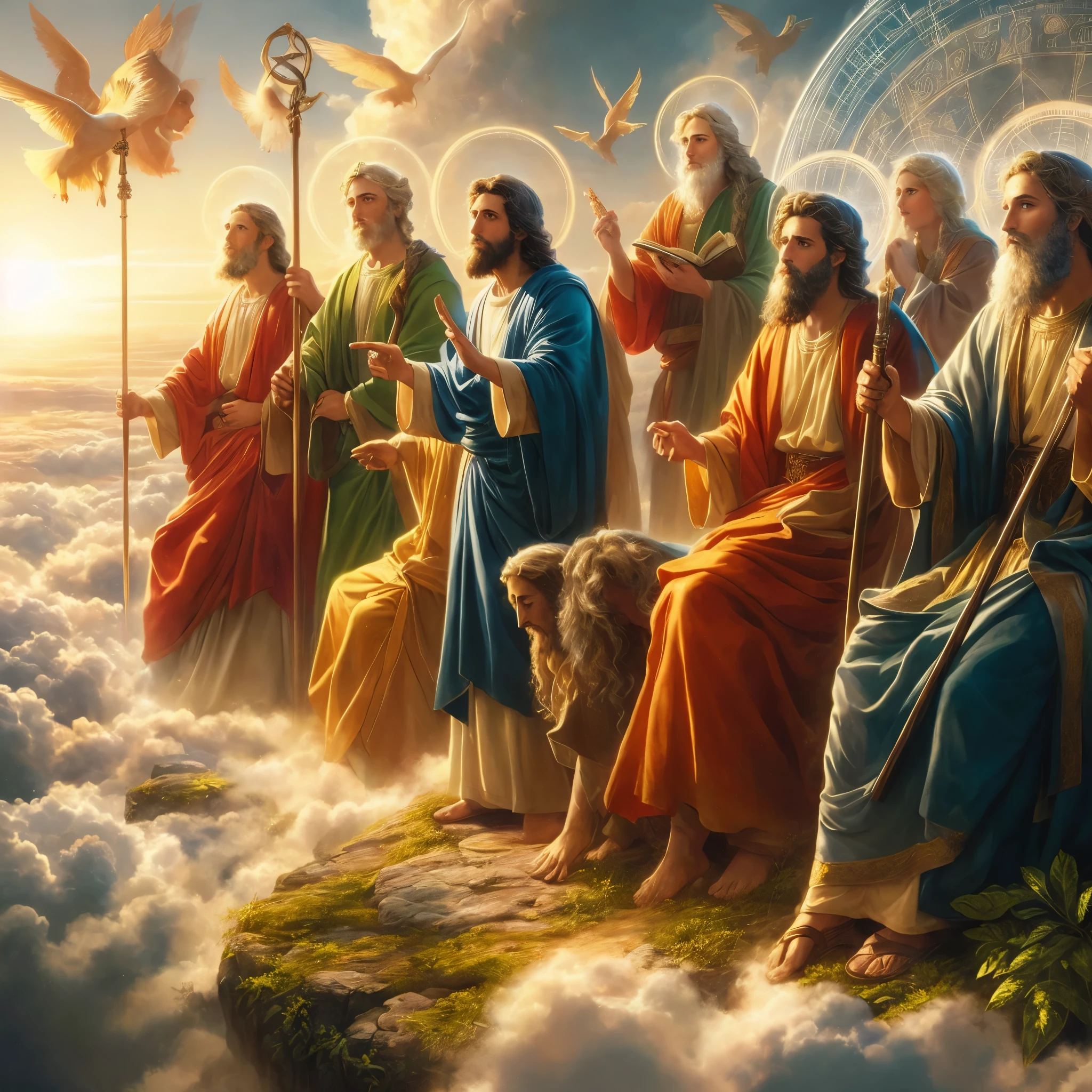 a painting of a group of people sitting on top of a hill, heaven on earth, hd wallpaper, epic biblical depiction, divine realm of gods, among heavenly sunlit clouds, beautiful godrays, catholic religious art, religious painting, biblical painting, by Alexander Kucharsky, heaven!!!!!!!!, biblical art style, beautiful depiction, heavenly atmosphere, high quality wallpaper