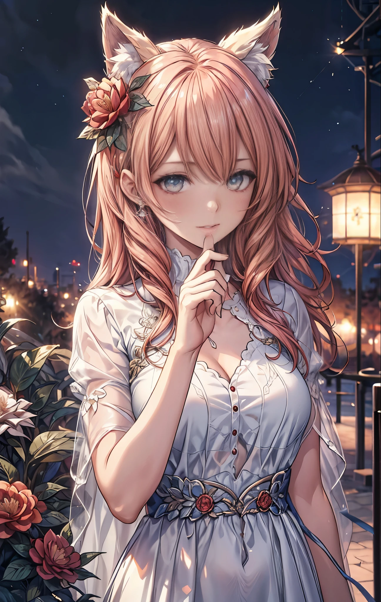 {{masterpiece}}，best quality，Highly detailed CG Unity 8K wallpaper，One woman，movie lighting，lens flare glow,
perfect style, perfect body, clear beautiful eyes, long eyelashes, a lot of,Camellia, fox ears, Camellia hair ornament, (red camellia dress), red camellia dress, snow scene,