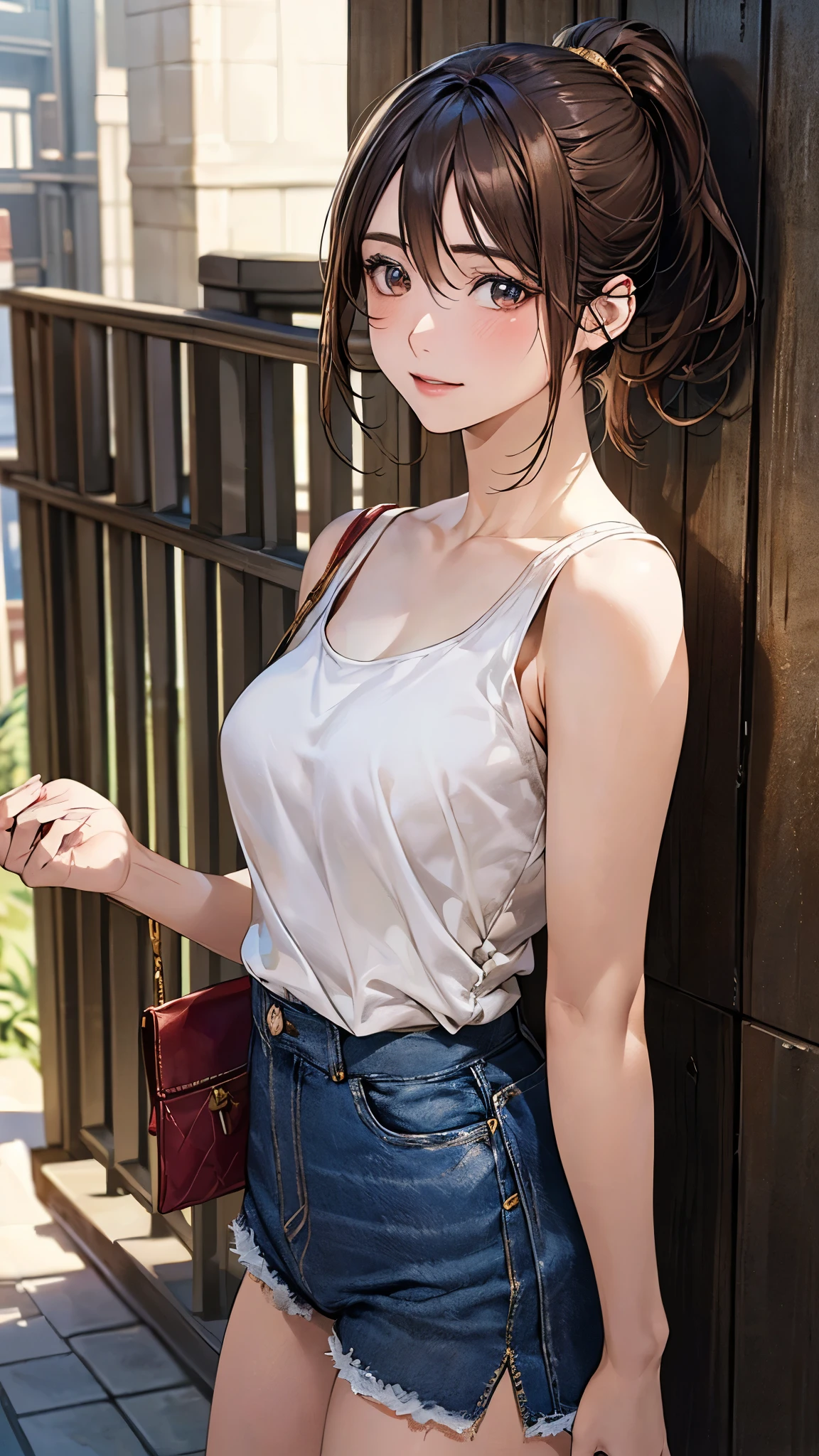 (masterpiece:1.2, top-quality), (realistic, photorealistic:1.4), beautiful illustration, (natural side lighting, movie lighting), 
looking at viewer, cowboy shot, front view, 1 girl, japanese, 20 years old, perfect face, cute and symmetrical face, shiny skin, babyface, 
(middle hair:1.2, ponytail:1.2, brown hair), hair between eyes, gold eyes, (middle breasts, seductive thighs, big ass), 
beautiful hair, beautiful face, beautiful detailed eyes, beautiful clavicle, beautiful body, beautiful chest, beautiful thigh, beautiful legs, beautiful fingers, 
(red one-piece, denim short pants), white shoulder bag, 
(beautiful scenery), evening, inside entranceway, (cheerful), 