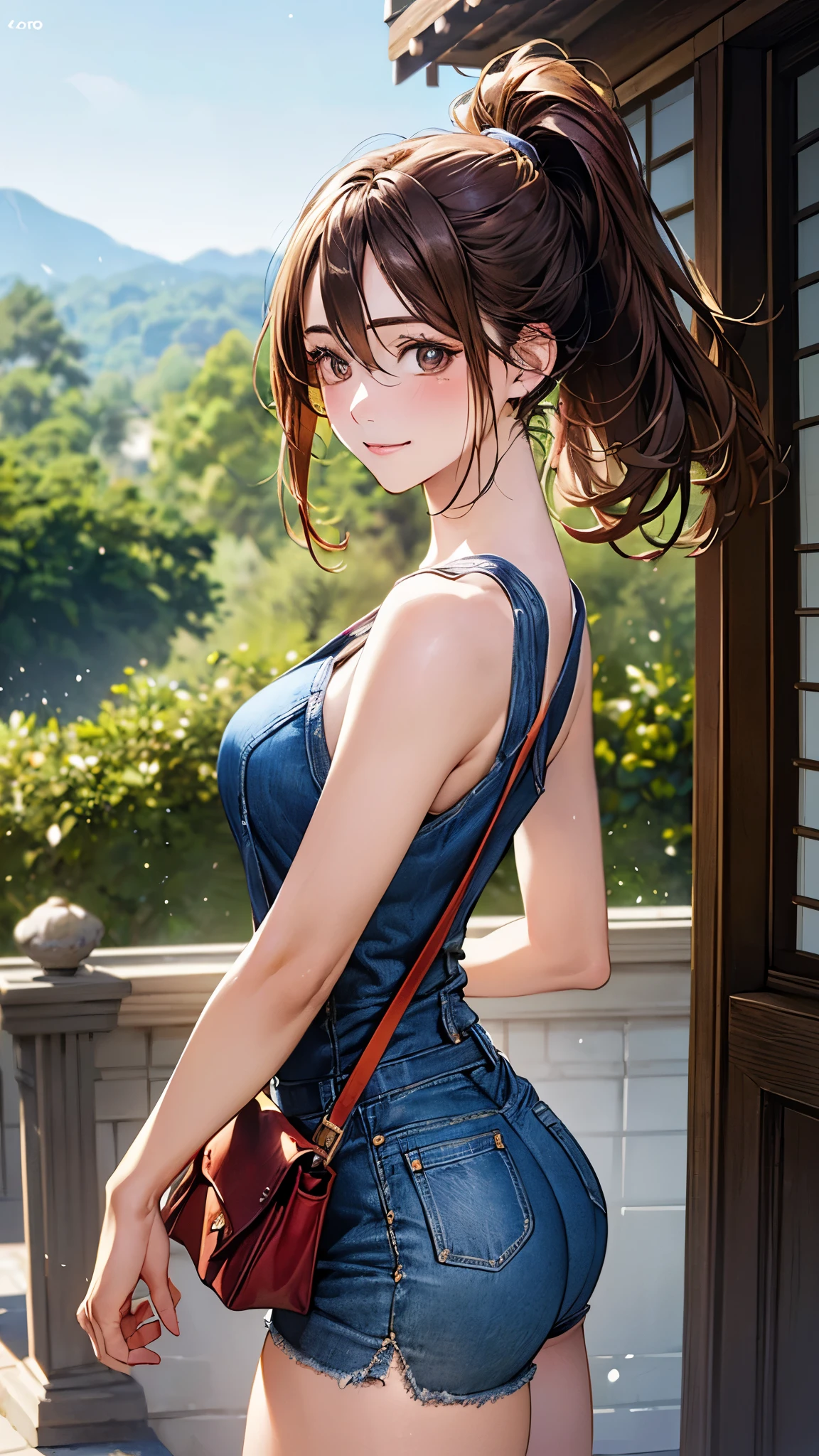 (masterpiece:1.2, top-quality), (realistic, photorealistic:1.4), beautiful illustration, (natural side lighting, movie lighting),
looking at viewer, cowboy shot, front view, 1 girl, japanese, 20 years old, perfect face, cute and symmetrical face, shiny skin, babyface,
(middle hair:1.2, ponytail:1.2, brown hair), hair between eyes, gold eyes, (middle breasts, seductive thighs, big ass),
beautiful hair, beautiful face, beautiful detailed eyes, beautiful clavicle, beautiful body, beautiful chest, beautiful thigh, beautiful legs, beautiful fingers,
(red one-piece, denim short pants), white shoulder bag,
(beautiful scenery), evening, inside entranceway, (cheerful),